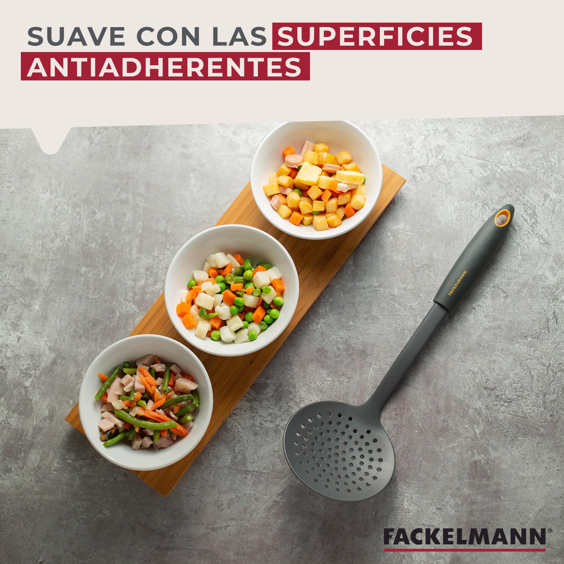 Fackelmann Espumadera Soft de Nylon para Fritos con Mango Antideslizante, Apto para Sartenes y Ollas con Recubrimiento Antiadherente, Color Gris y Naranja, 32X10,5 cm, 1 ud.