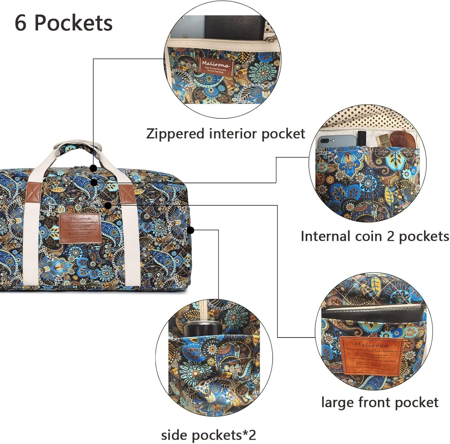 Malirona 22"Canvas Weekender Overnight Bags Travel Duffel Bag Carry On Bag for Women and Girls (Black Flower) - Image 3