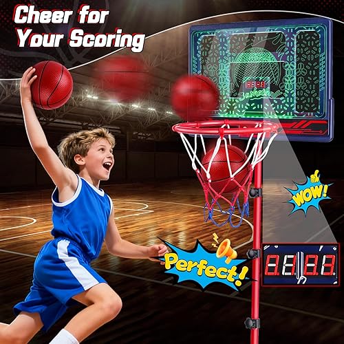 Miniatura 3 de Aro de baloncesto para niños de 3, 4, 5, 6, 7, 8 años, portería de baloncesto electrónico con soporte ajustable, 7 luces LED y marcador, juguete