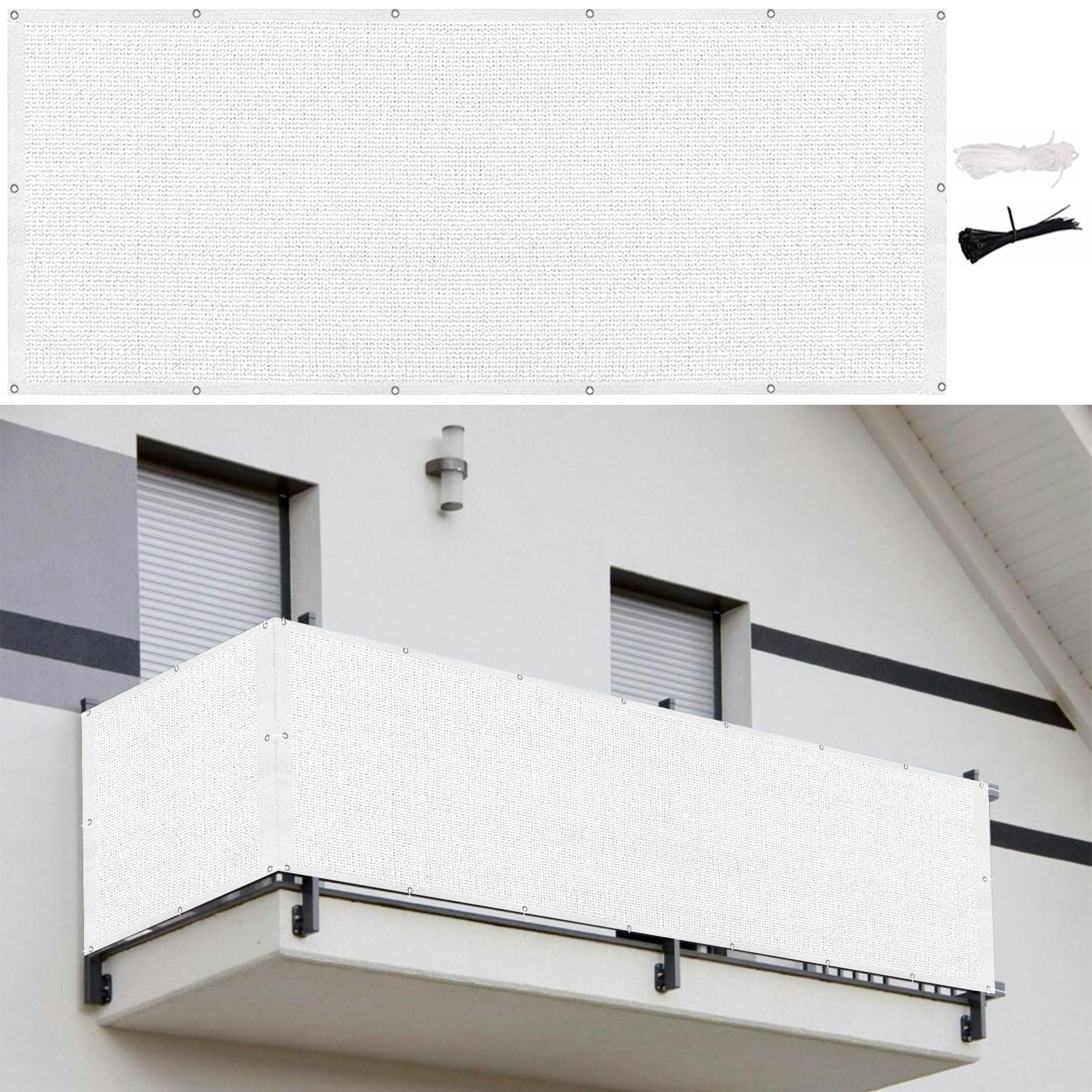 Brise vue 120 x 980 cm HDPE blanc avec attaches et oeillets pour balcon et jardin