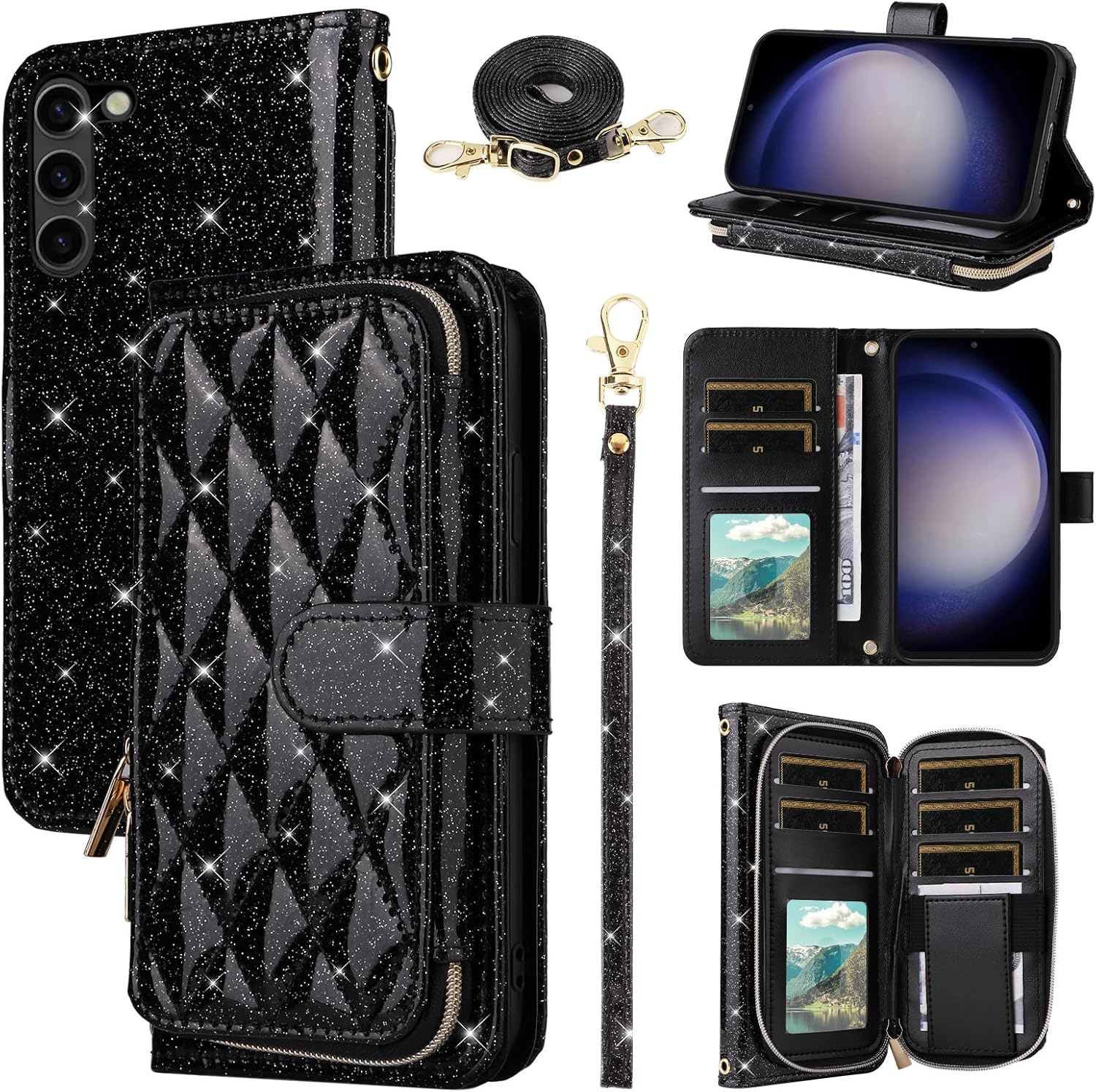 Wallet Case for Samsung Galaxy Z Fold 5 5G 2023 with Wrist Strap,Crossbody Shoulder Strap,9+ Card Slots Zipper Purse,Luxury PU Leather Stand Cell Phone Cover for ZFold5 Z5 G Fold5 5Z Black