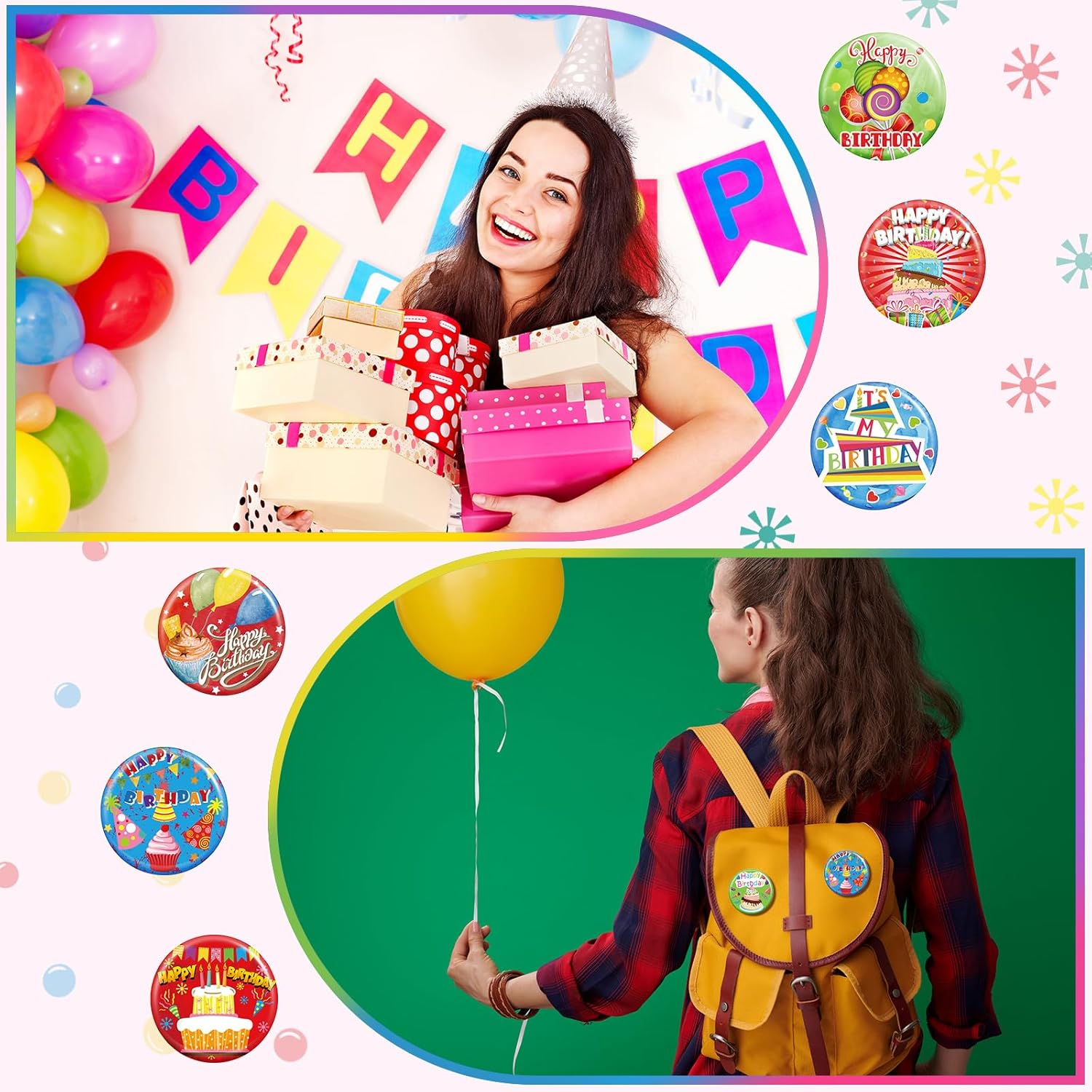 Bonuci 120 Pcs Large Happy Birthday Buttons - 2 1/4 Inches, Colorful Party Button Pins for Birthday Party Supplies, 12 Styles