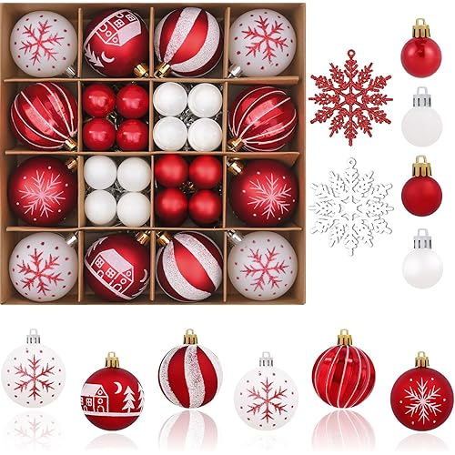 50Pcs Christmas Tree Ornaments - 2.36''/60mm Christmas Ball Ornaments Set for Xmas Tree Holiday Party Wedding Home Decorations (Red & White)