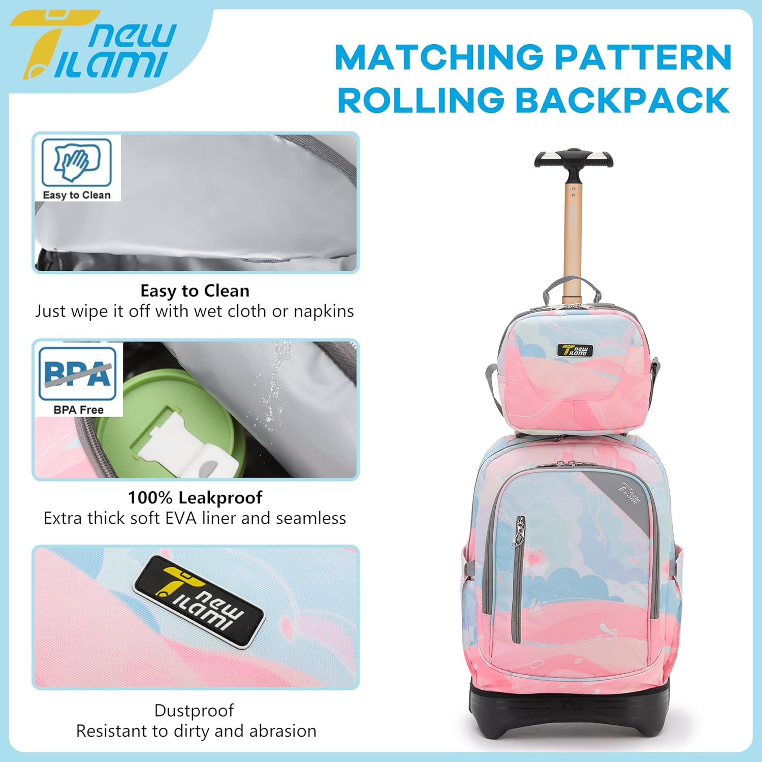 NEW TILAMI 18 inch Rolling Backpack for Girls – Waterproof, Large Capacity, Stair-Climbing Design, Adjustable Handle, Great for School, Pink Sunset - Image 9