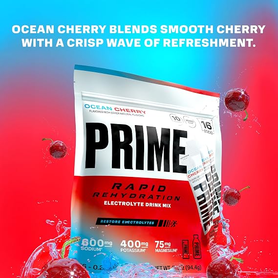 Prime Hydration+ Rapid Rehydration Sticks Ocean Cherry Hydration Powder Single Serve Sticks, Electrolyte Powder On The Go, Low Sugar, Caffeine-Free, Vegan, 16 Count
