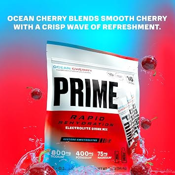 Prime Hydration+ Rapid Rehydration Sticks Ocean Cherry Hydration Powder Single Serve Sticks, Electrolyte Powder On The Go, Low Sugar, Caffeine-Free, Vegan, 16 Count