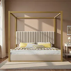 LUMISOL King Size Canopy Bed with Upholstered Headboard and Metal Frame