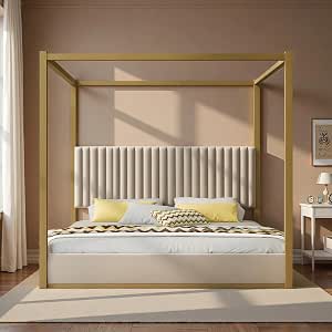 LUMISOL King Size Canopy Bed with Upholstered Tall Velvet Headboard and Metal Frame