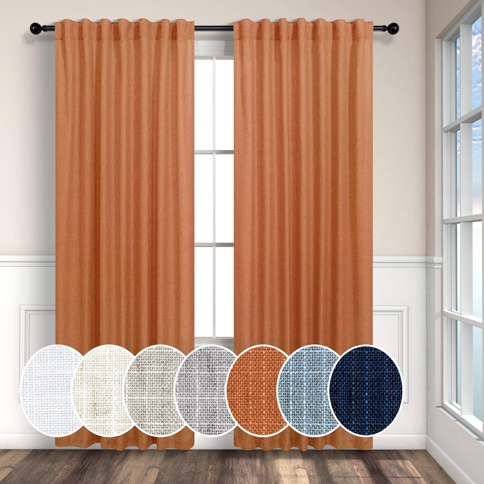 Orange Linen Curtains 72 Inch Length for Living Room 2 Panels Set Back Tab Loop Pocket Semi Sheer Copper Brown Burnt Orange Curtains for Bedroom Dining Room Gaming Playroom Sunroom Bay Window 52x72