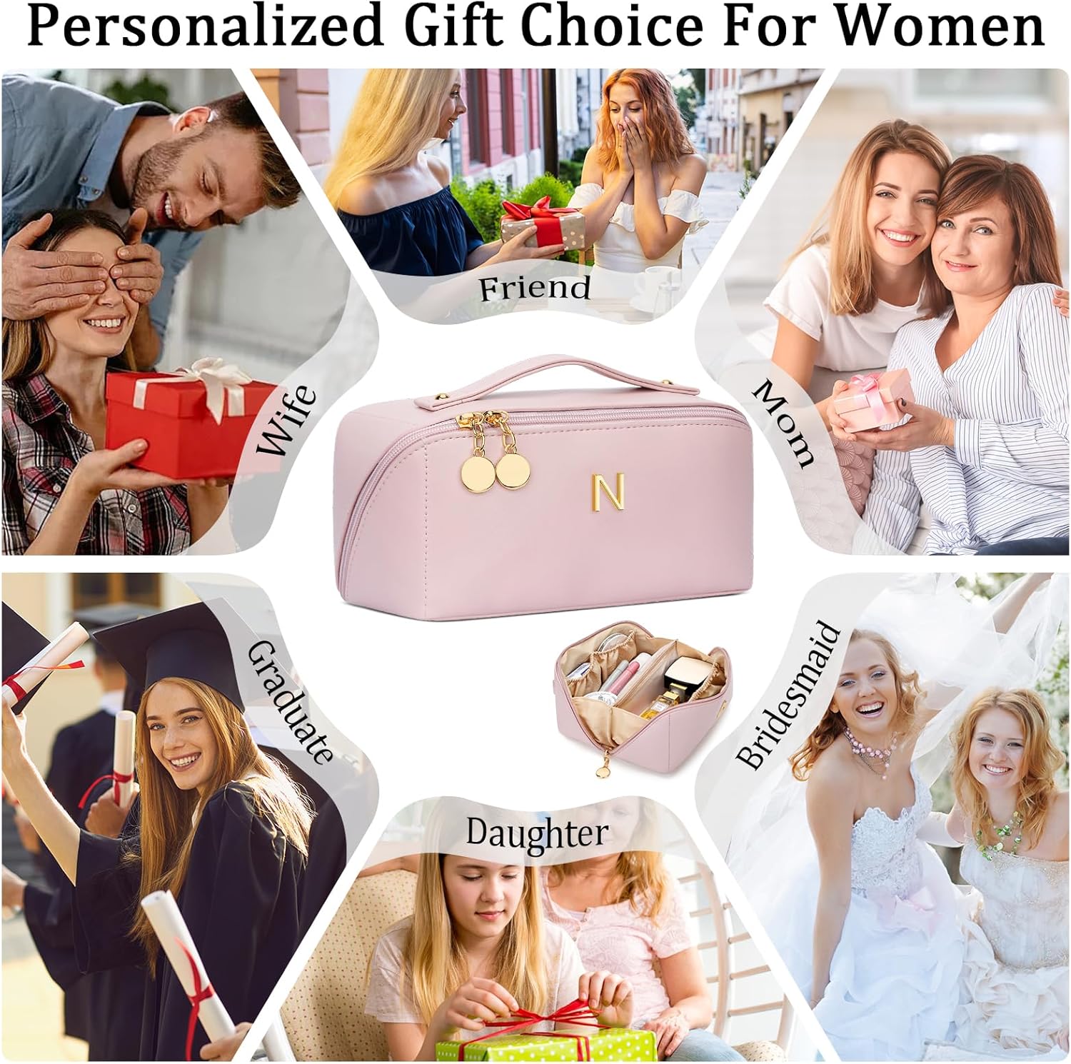 Initial Makeup Bag Gifts for Women Bridesmaid Gifts Travel Toiletry Personalized PU Leather Waterproof Cosmetic Bag (Medium-Pink-N)