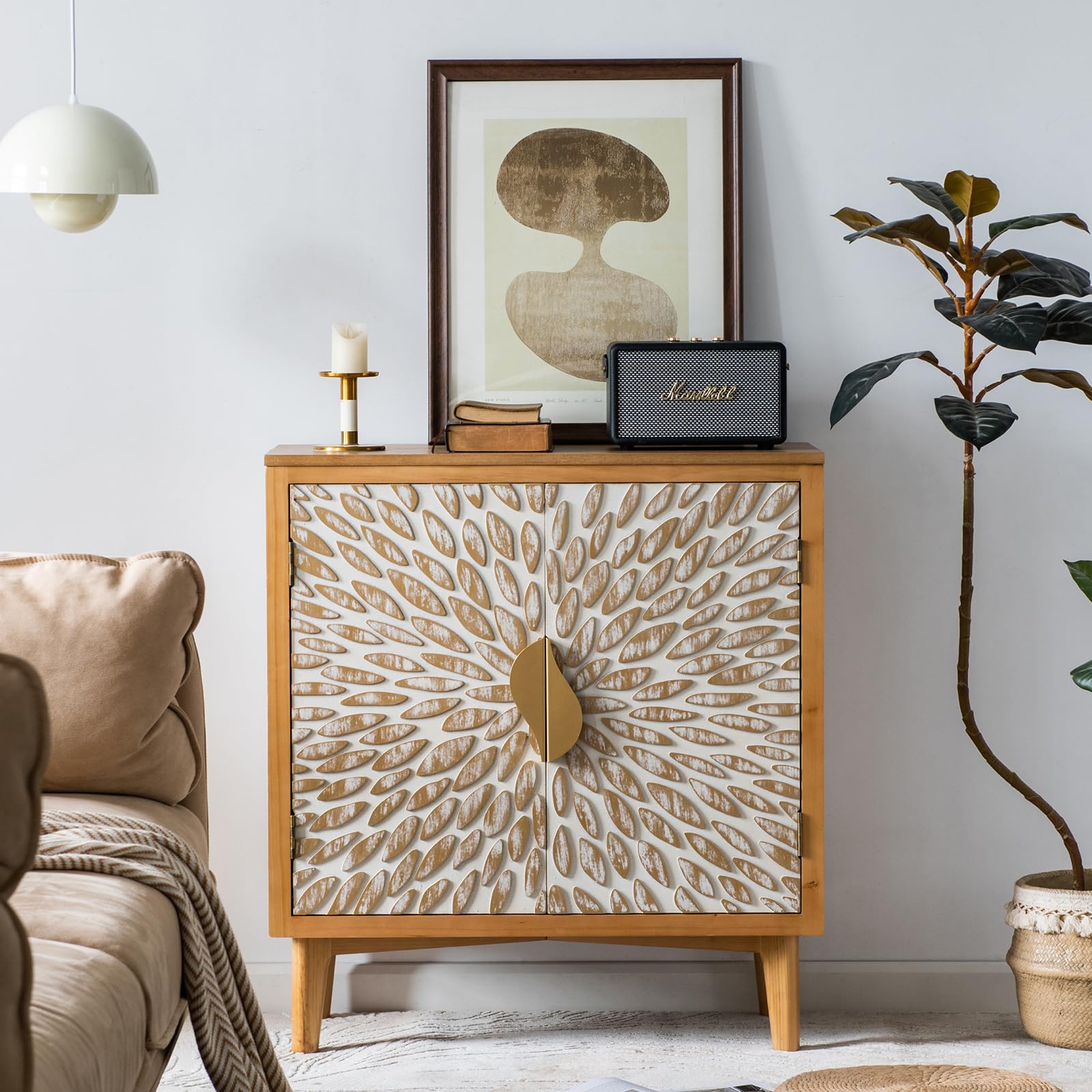 Sideboard Buffet Cabinet with 2 Doors Accent Cabinet with Storage Carved Wood Boho Modern Credenza with Protective Feet for Kitchen, Hallway, Entryway, Living Room, Farmhouse