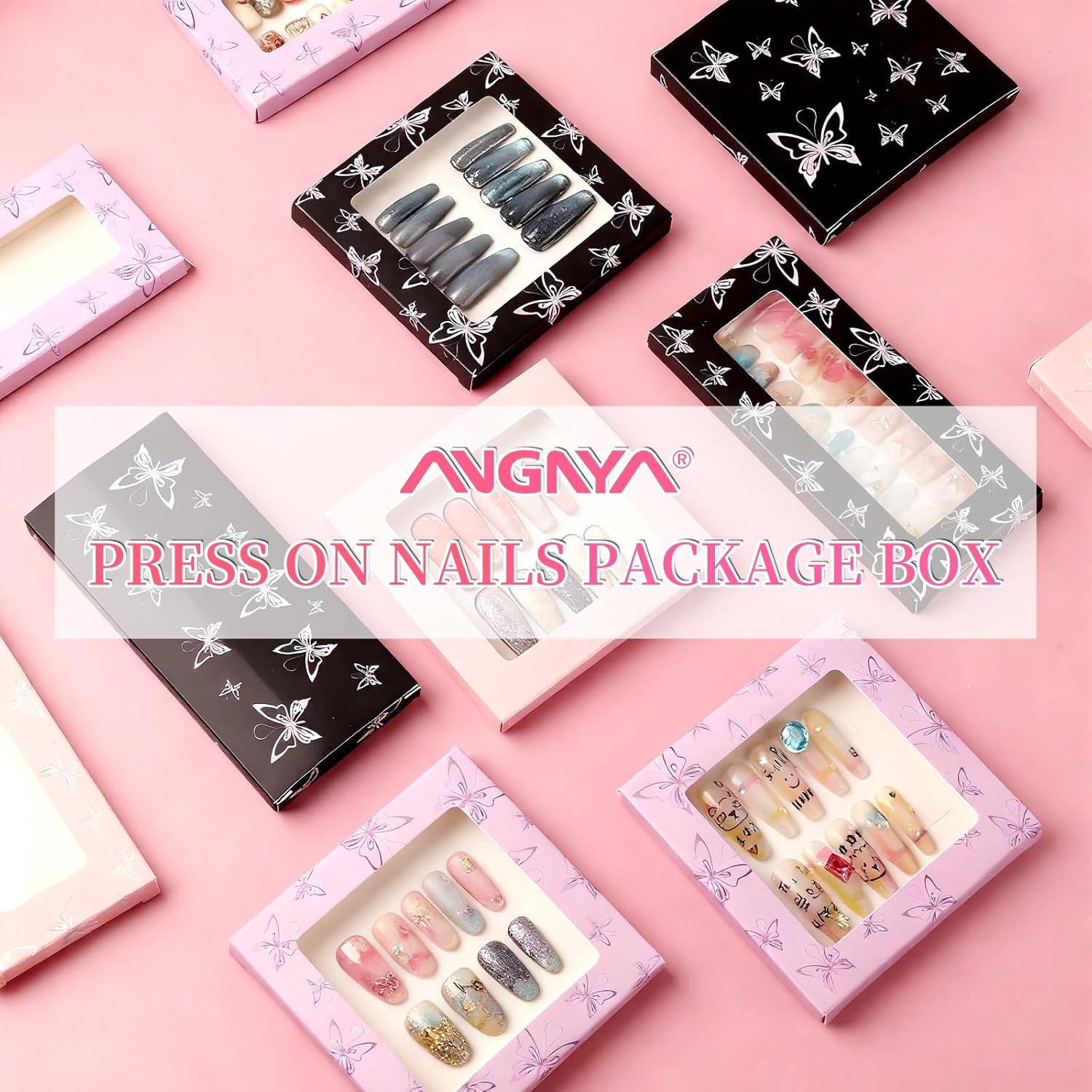 ANGNYA 72PCS Empty Press On Nail Packaging Box Contains 35PCS Butterfly Press On Nail Boxes, 35PCS White Display Cards, 2PCS Double Sided Tapes, Nail Tip Storage Case for Business