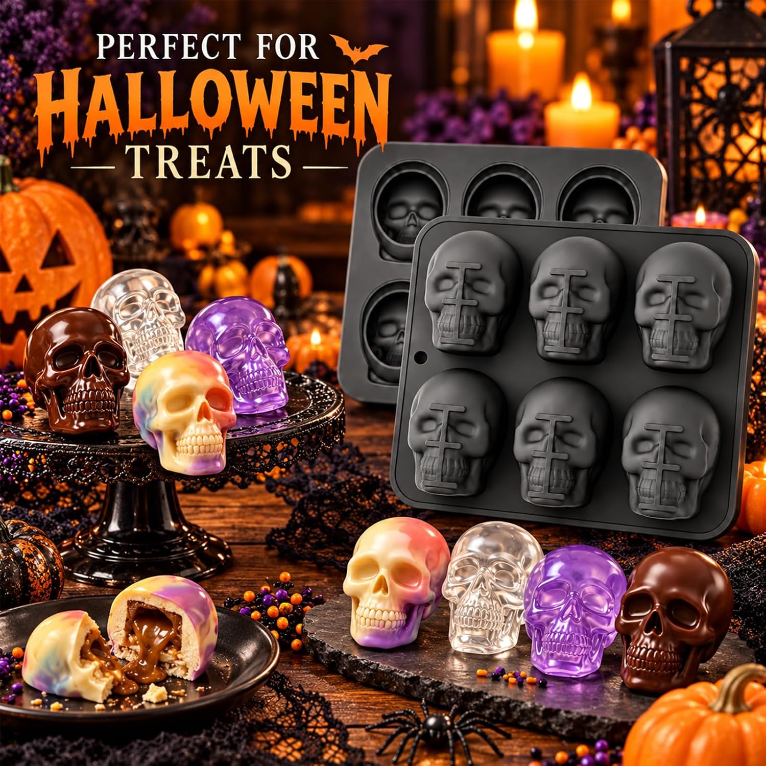 2Pcs Skull Silicone Mold, 6-Cavity 3D Large Skull Cake Pan Molds Halloween Silicone Molds for Baking Chocolate, Candy, Cake Decoration, Resin Casting