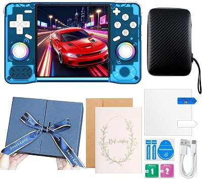 Upgraded XF40H Handheld Game Console,Retro Gaming Console Preloaded with Classic Games,4.0 Inch 4K HD IPS Screen,Portable Pocket Video Gaming with Valentines Card & Premium Gift Box128Gb Blue