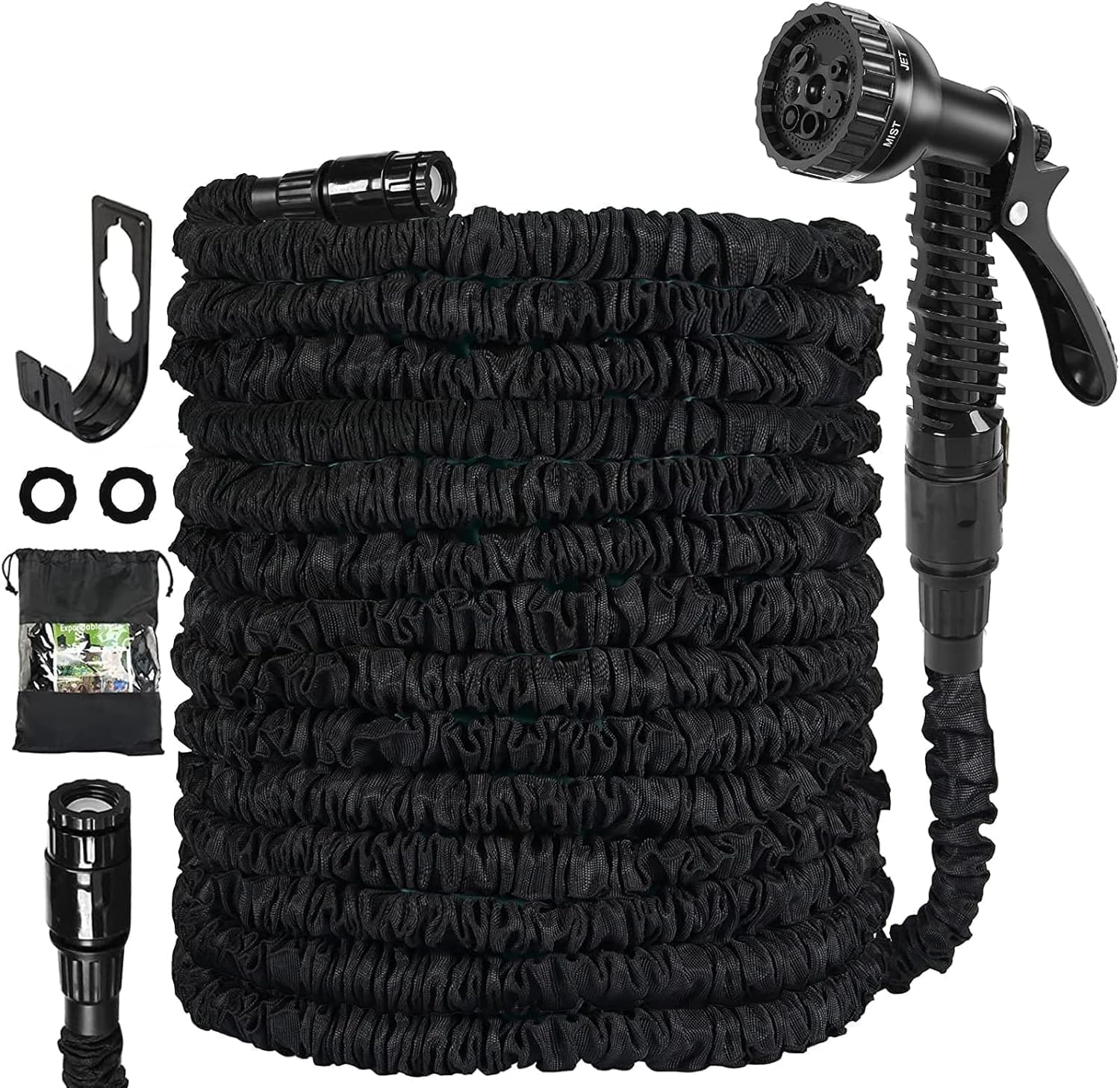 Niboameu Black-50Ft Expandable Garden Hose Pipe 15M 50Ft, Hosepipes For Garden Flexible Garden Hose With 7 Function Spray Gun,Extendable Water Hose Retractable Magic Hose Pipe For Gardening Car Washing (Black-50Ft)