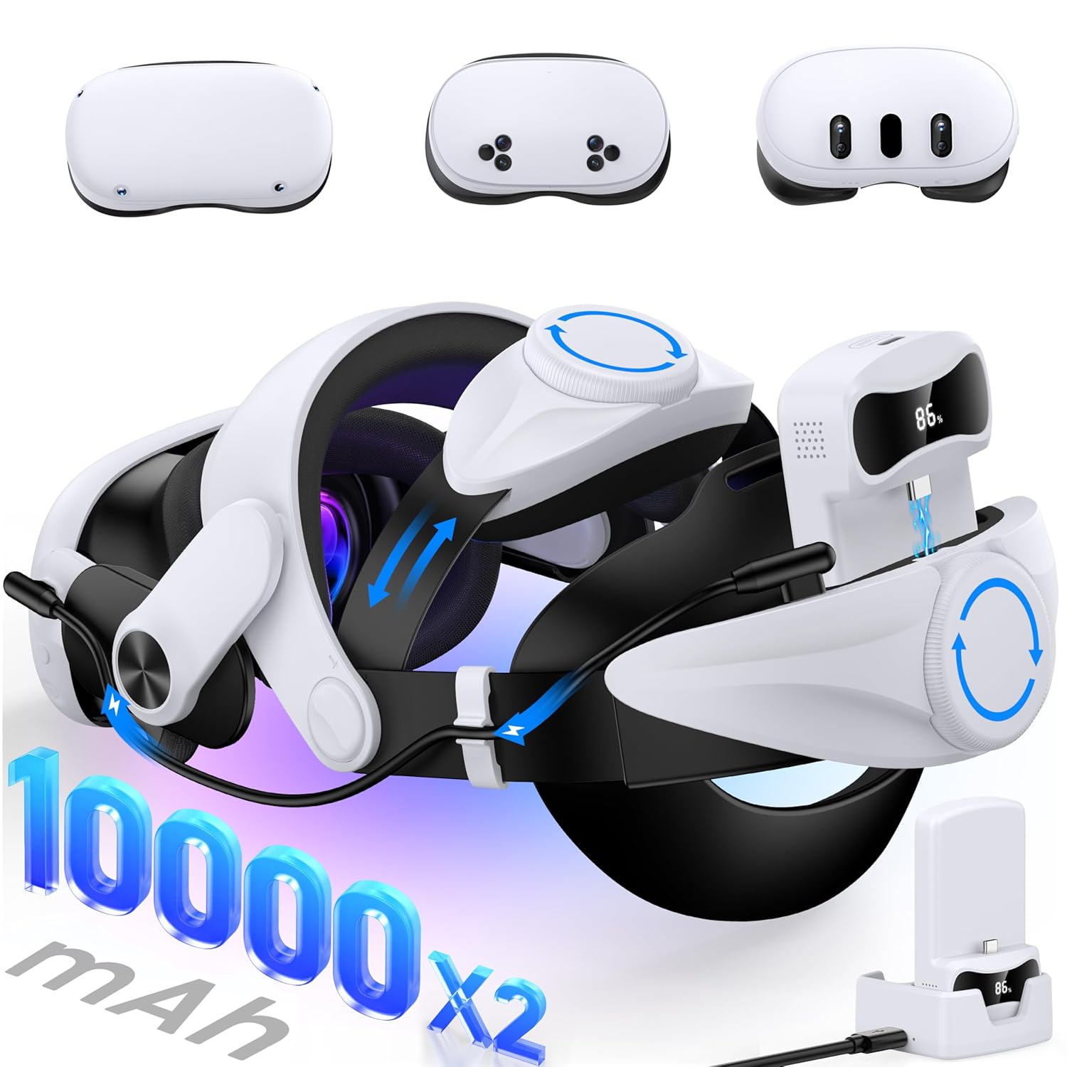 KawayeReal Head Strap for Meta Quest 3/3S/2 - 10000mAh×2 Hot Swappable Batteries & Charging Dock - VR Headset Strap Enhanced Support, Adjustable VR Headset Accessories for Oculus - MQ3004