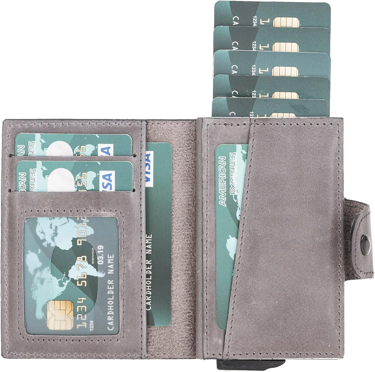 Genuine Leather Pop-Up Card Holder Wallet, ID Window, Detachable Mini Wallet Part, Premium Leather Quality, Card Slots, Card Slots, 100% Genuine Leather (Tiguan Grey)