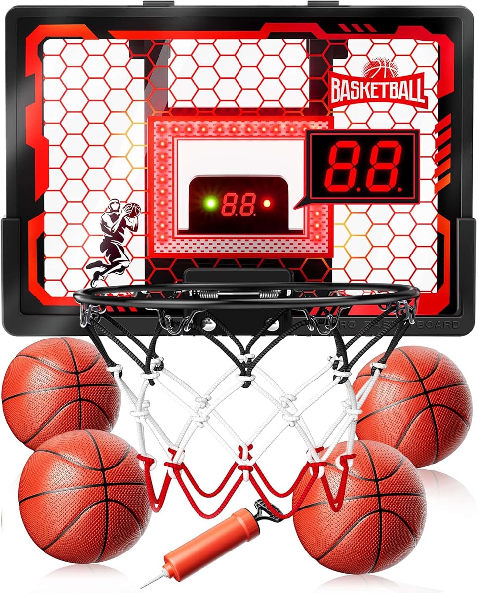 Indoor Basketball Hoop Pro for Kids, Over The Door Basketball Hoop with LED Light/Scoreboard/4 Balls- Upgraded Anti-Impact Backboard, Basketball Toys Gifts for 6 7 8 9 10 11 12 Year Old Boys
