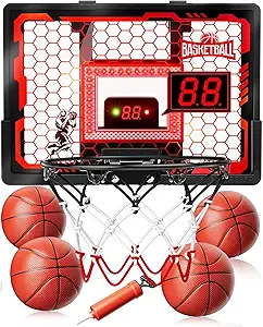 Indoor Basketball Hoop Pro for Kids, Over The Door Basketball Hoop with LED Light/Scoreboard/4 Balls- Upgraded Anti-Impact Backboard, Basketball Toys Gifts for 6 7 8 9 10 11 12 Year Old Boys