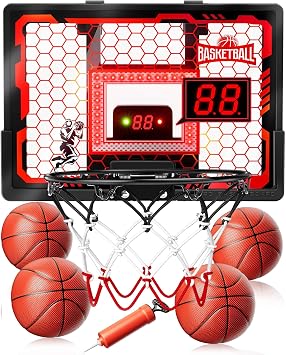 Indoor Basketball Hoop Pro for Kids, Over The Door Basketball Hoop Indoor with LED Light/Scoreboard/4 Balls- Upgraded Anti-Impact Backboard, Basketball Toys Gifts for 6 7 8 9 10 11 12 Year Old Boys