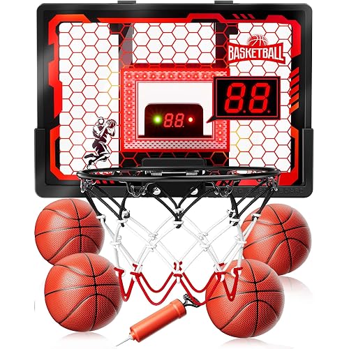 Indoor Basketball Hoop Pro for Kids, Over The Door Basketball Hoop with LED Light/Scoreboard/4 Balls- Upgraded Anti-Impact Backboard, Basketball Toys Gifts for 6 7 8 9 10 11 12 Year Old Boys
