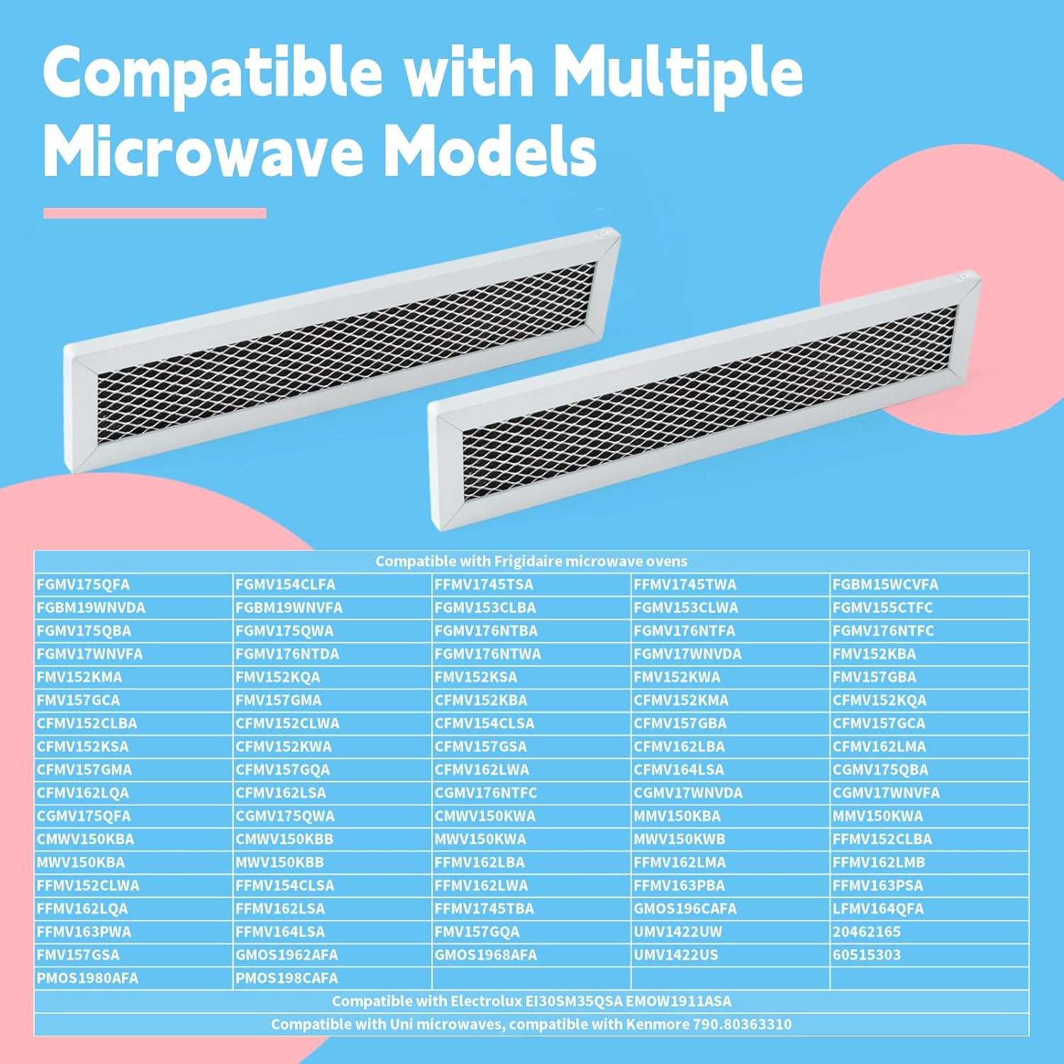 2Pcs Microwave Filters Compatible with Frigidaire FGMV17WNVFA FMV152KSA FMV152KBA FMV152KMA FMV152KQA FMV152KWA FMV157GBA Microwave Oven Charcoal Filter Replacement Part