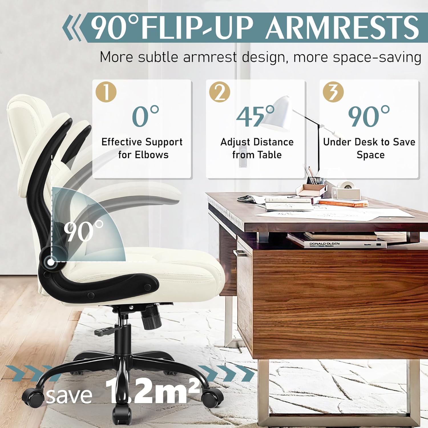 Leather Office Chair, PU Home Computer Desk Chairs with Ergonomic Back Support, 360°Swivel Free, Small Gaming Chair with Wheels and Adjustable Armrests, for Short People Use - 4