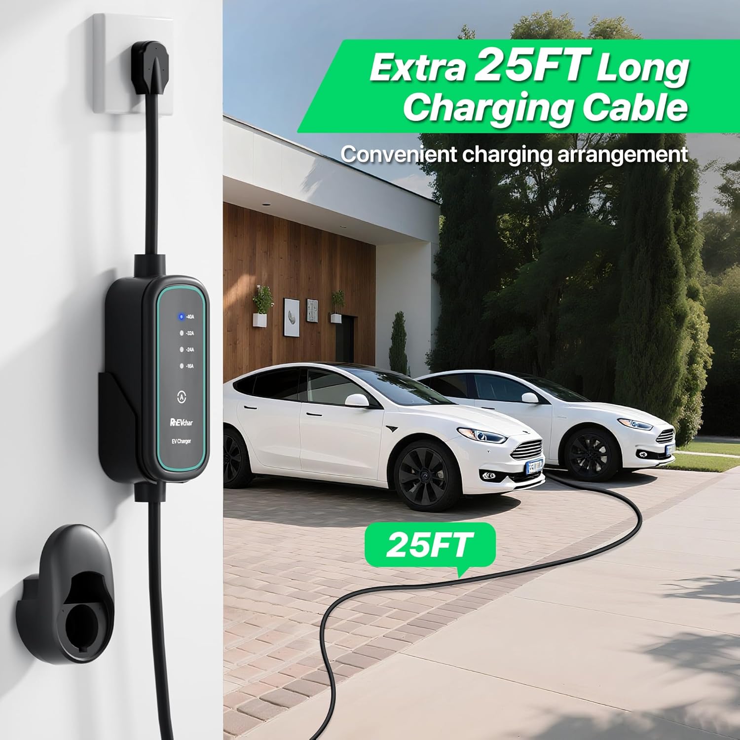 40A Level 2 EV Charger with J1772 Connector, 16-40A Adjustable Mobile Electric Vehicle Chargers with NEMA 14-50 Plug, 25FT Cable 240V 9.6kw Car Charging Sations