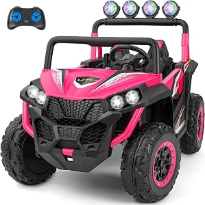ELEMARA 2 Seater 24V Ride on Toy for Kids with Remote Control, Off-Road Electric Truck, 4 MPH Max Speed, Bluetooth, Rainbow Lights, Pink