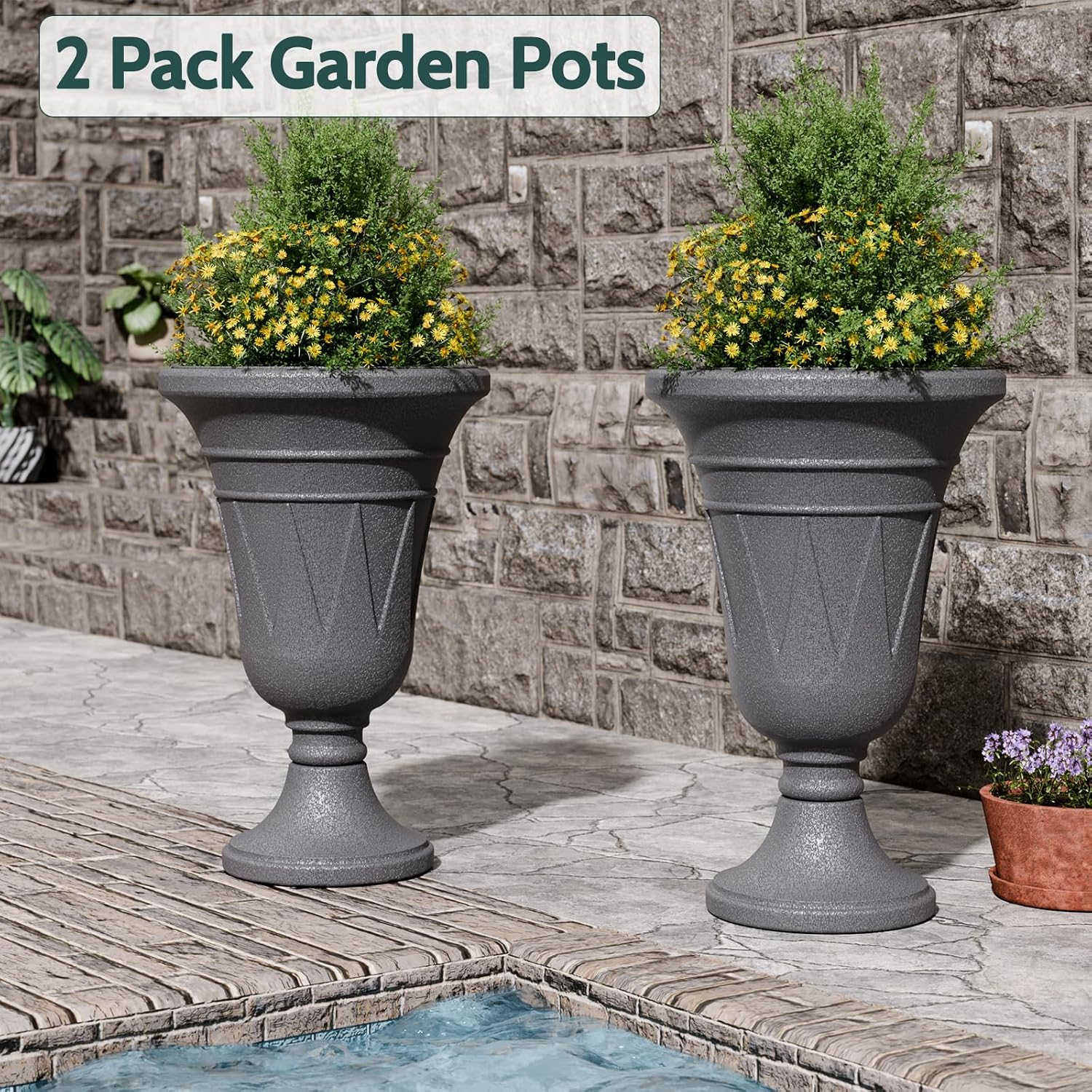 23.6" Tall Plastic Urn Planters for Outdoor Plants, Set of 2 Heavy-Duty Classic Indoor Large Flower Pots with Drainage Holes & Trophy Design, Outdoor Planters for Porch, Home Garden, Dark Grey