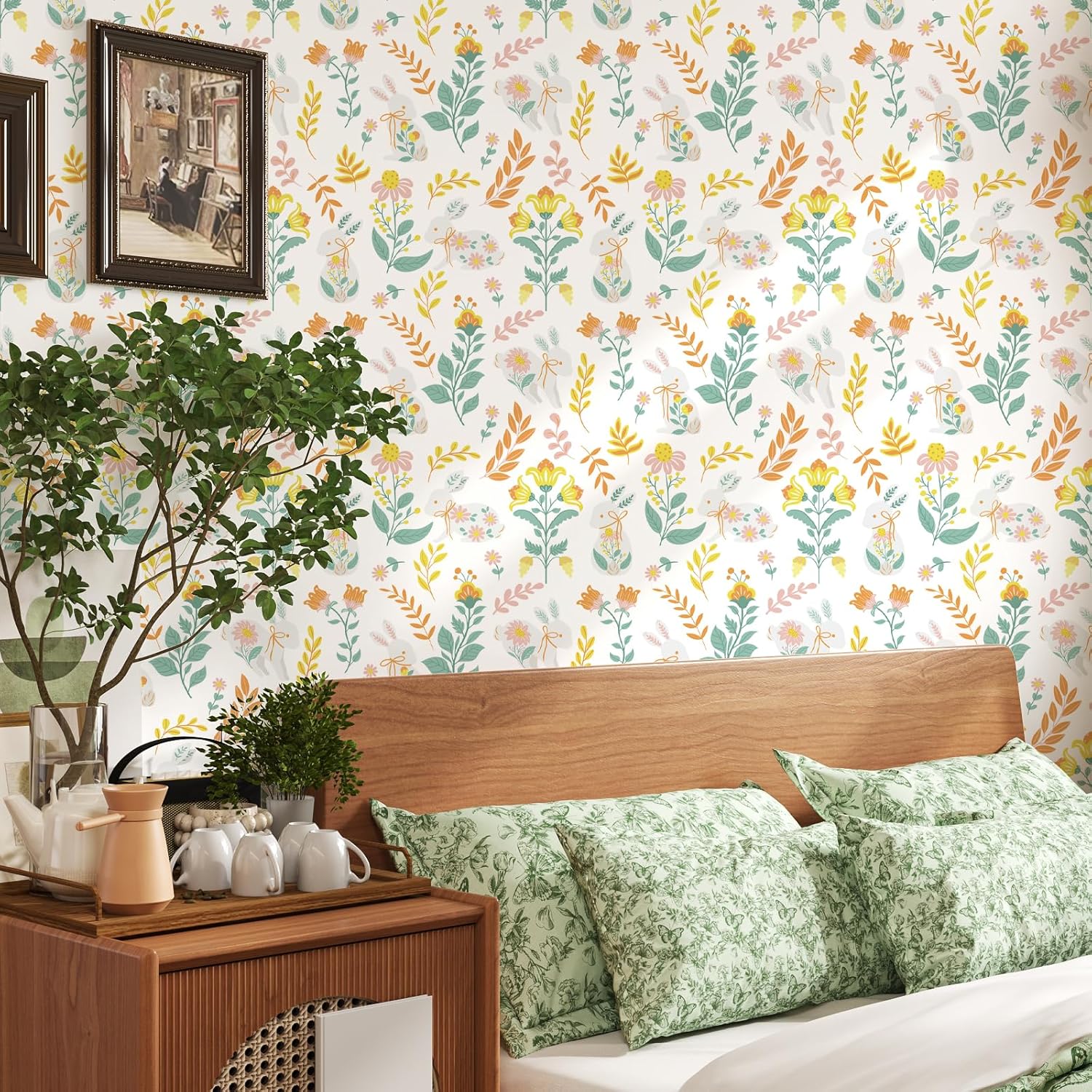 VaryStyle Boho Bunny Floral Wallpaper Cute Rabbit Floral Peel and Stick Wallpaper for Nursery Girls Bedroom Removable Self Adhesive Fairy Animal Print Contact Paper for Dollhouse Cabinets 17.7"x118"