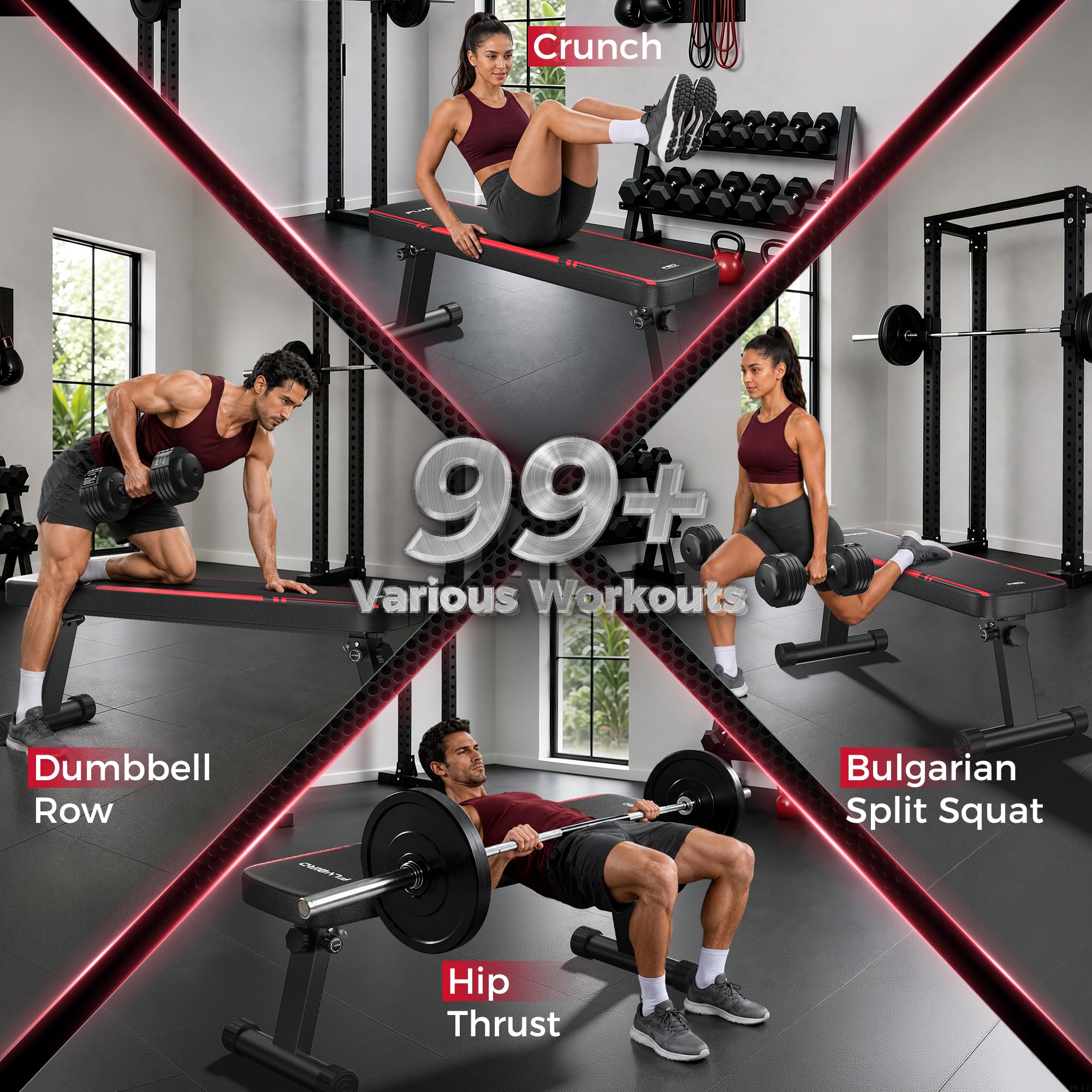 Foldable Flat Weight Bench for Home Gym, 1000 lbs Capacity with Dual Locking for Strength Training, Easy Setup & Storage for Small Apartments, Lifting, Hip Thrust, Dumbbell Workout