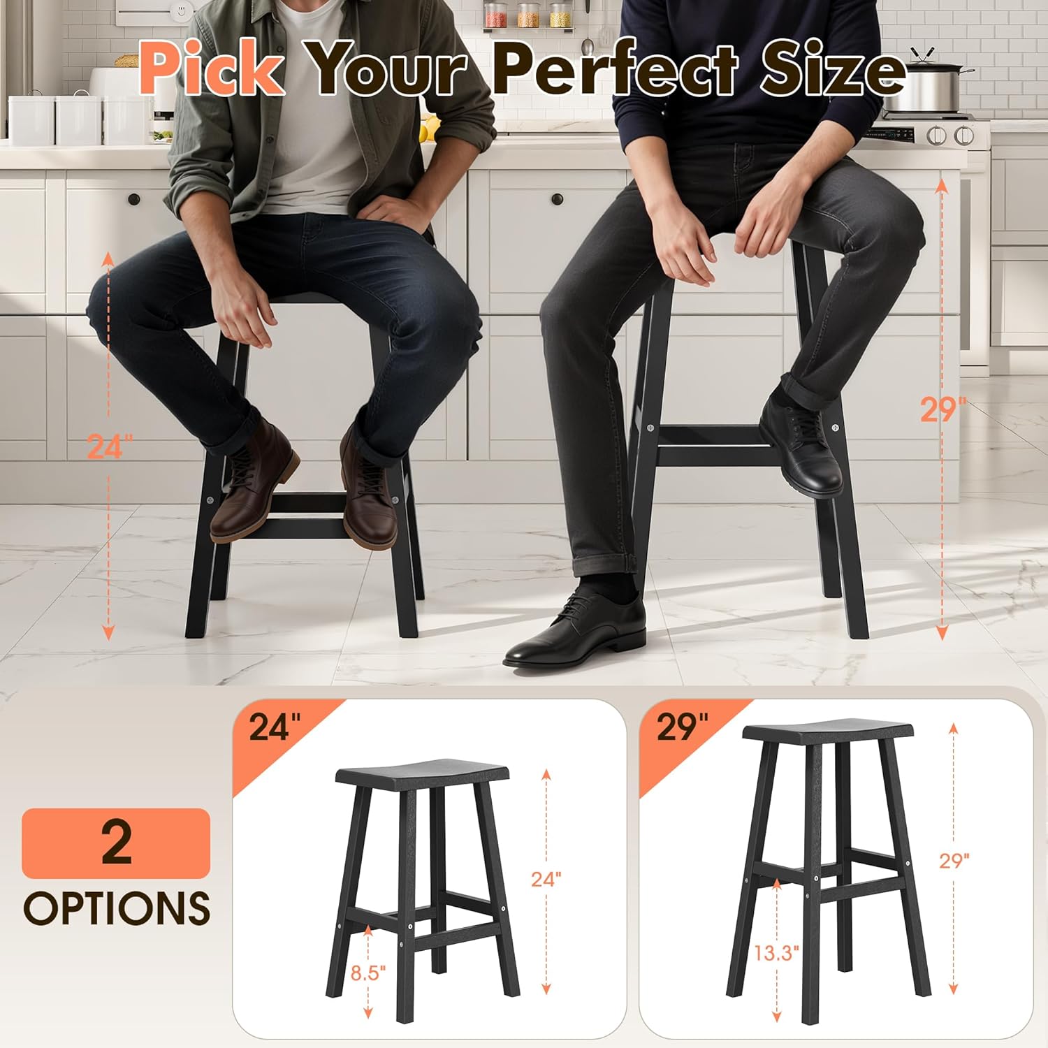 KAMABOKO 2 Set 29" HDPE Bar Stools Set Outdoor, Durable Resin Bar Chairs with Footrest, Weatherproof & Ergonomic Barstools for Patio, Deck & Poolside, Black