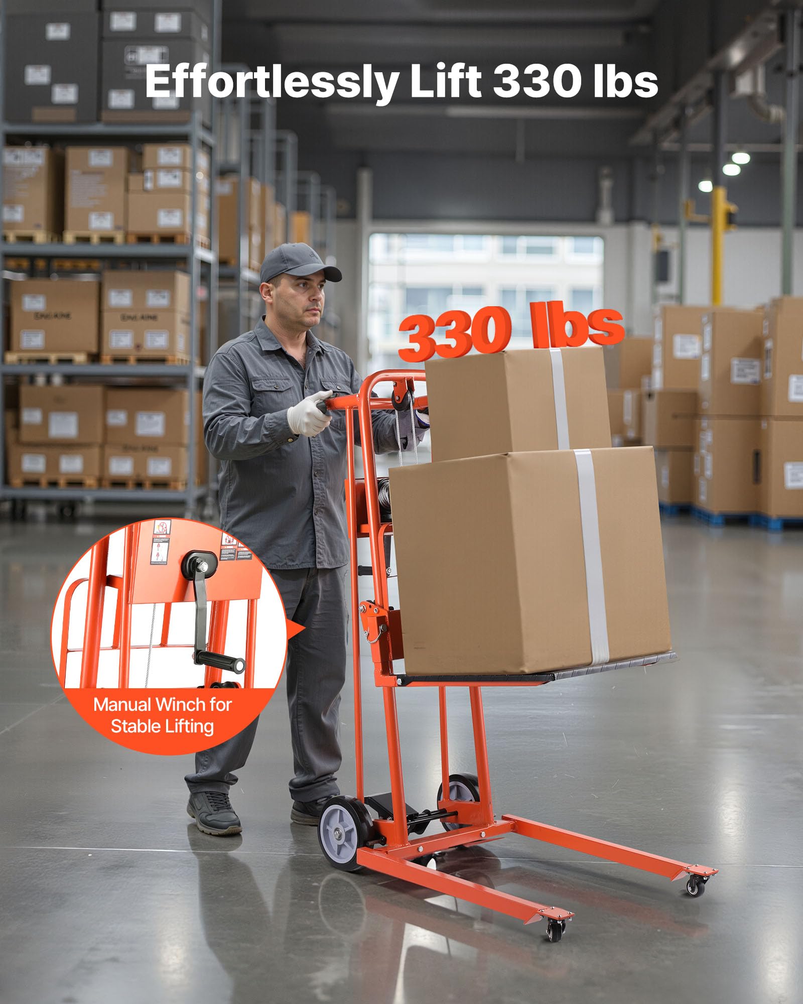 VEVOR Apilador con Cabrestante Manual de Elevación de Materiales con Ruedas Giratorias y Placa Elevadora, Plataforma Elevadora con Capacidad de 149,68 kg, Altura de Elevación Máxima de 1090 mm