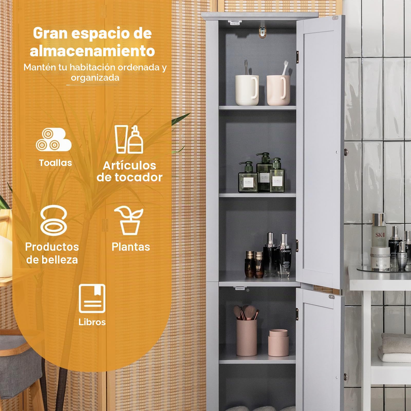 GOPLUS - Mueble para cuarto de baño, mueble de almacenamiento delgado con 5 estantes, dispositivo antivuelco, columna de baño sut pies, estilo moderno, 38 x 38 x 160 cm (gris)