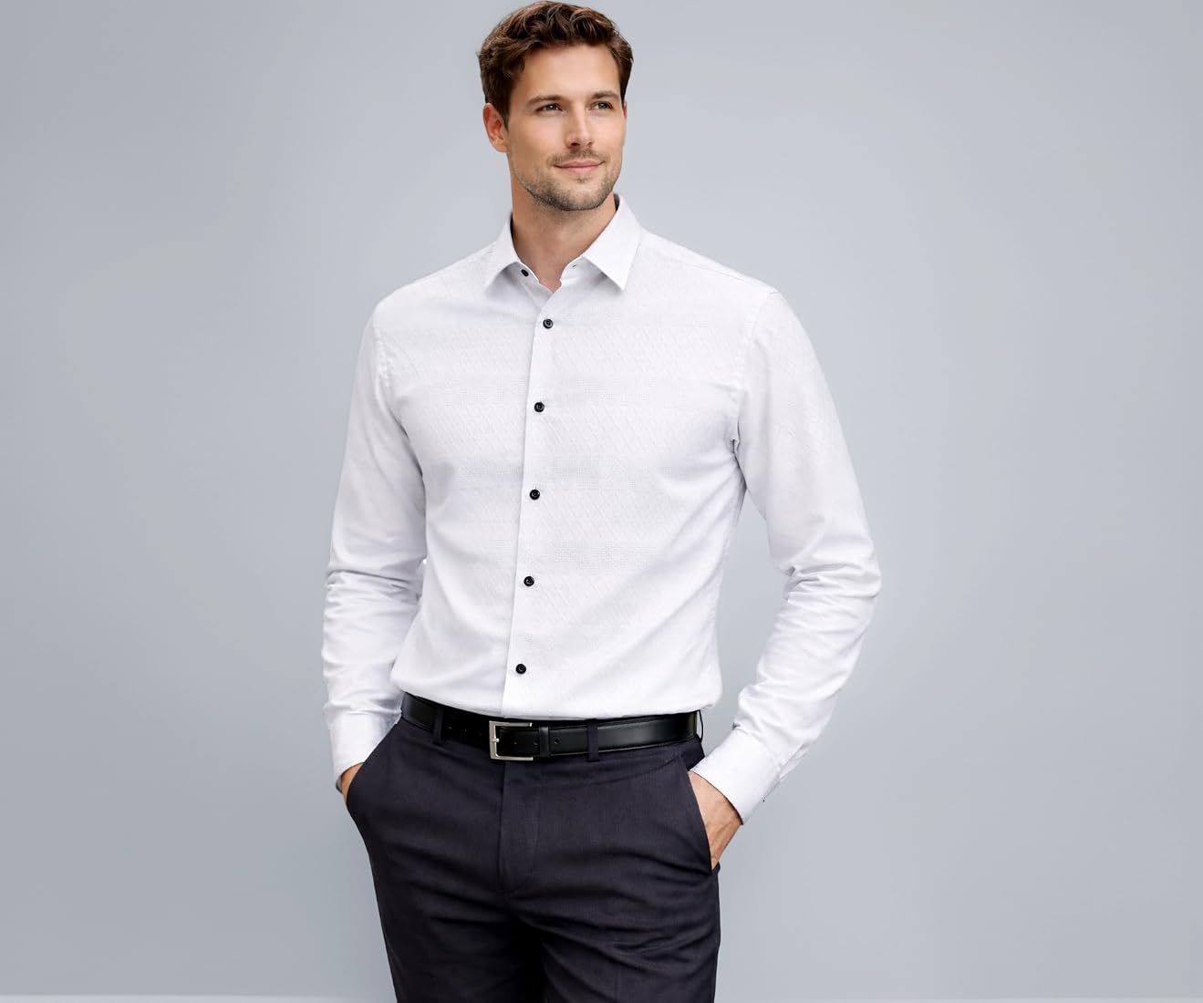 Men's Formal Dress Shirt, White, Long Sleeve, Textured Fabric, Black Contrast Buttons (in, Alpha, M, Regular) Clothing & Accessories