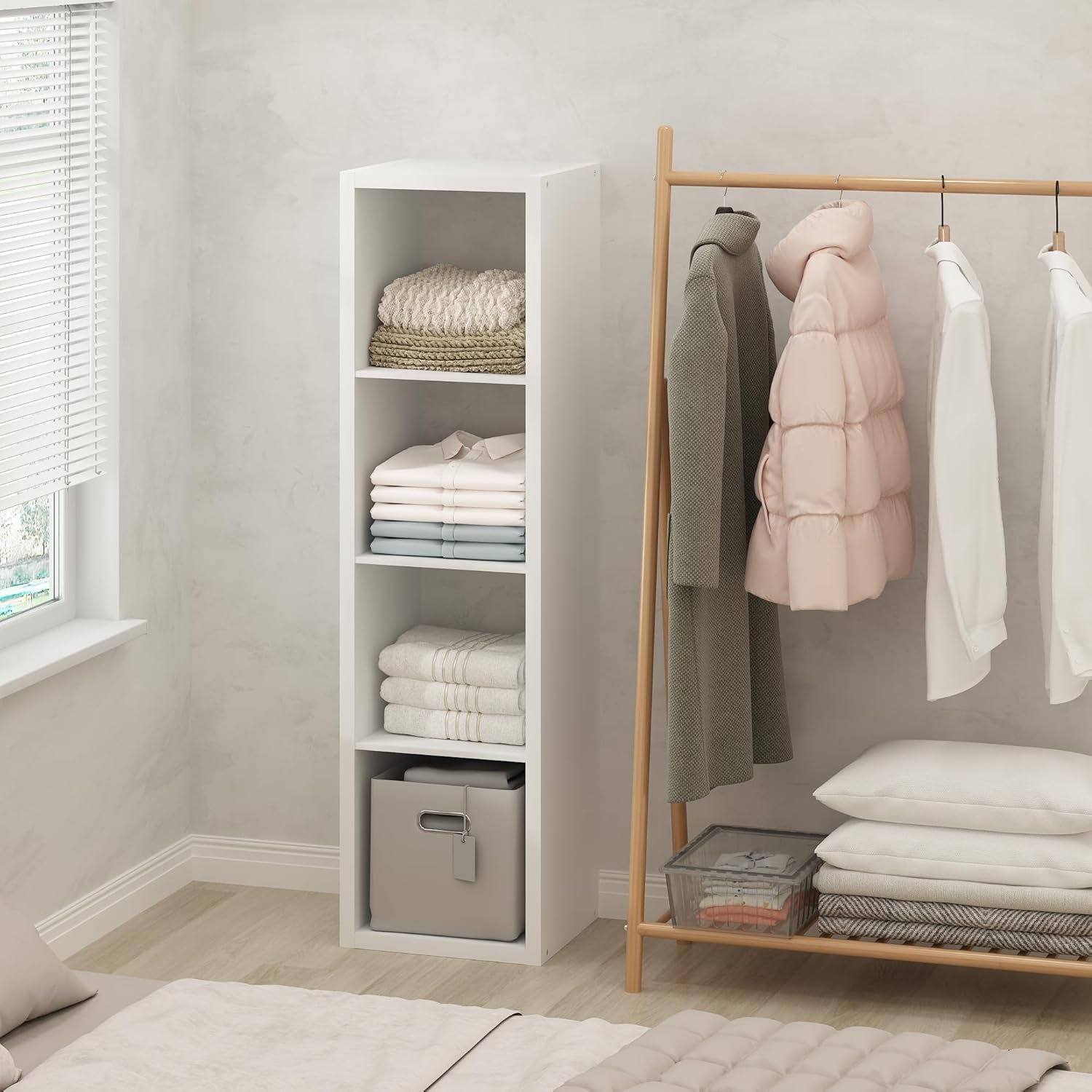 Furinno Cubic Open Back Multipurpose Clothing & Closet Storage Organizer Shelf, 4-Cube, White