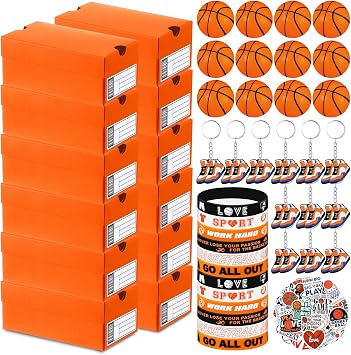 Fullhawl 12 Sets Mini Sneaker Boxes for Party Favors 4.72 x 2.56 x 1.97 Inches Mini Shoe Gifts Boxes with Editable Label Keychains Ball Bracelets Stickers for Sport Basketball Party SuppliesOrange