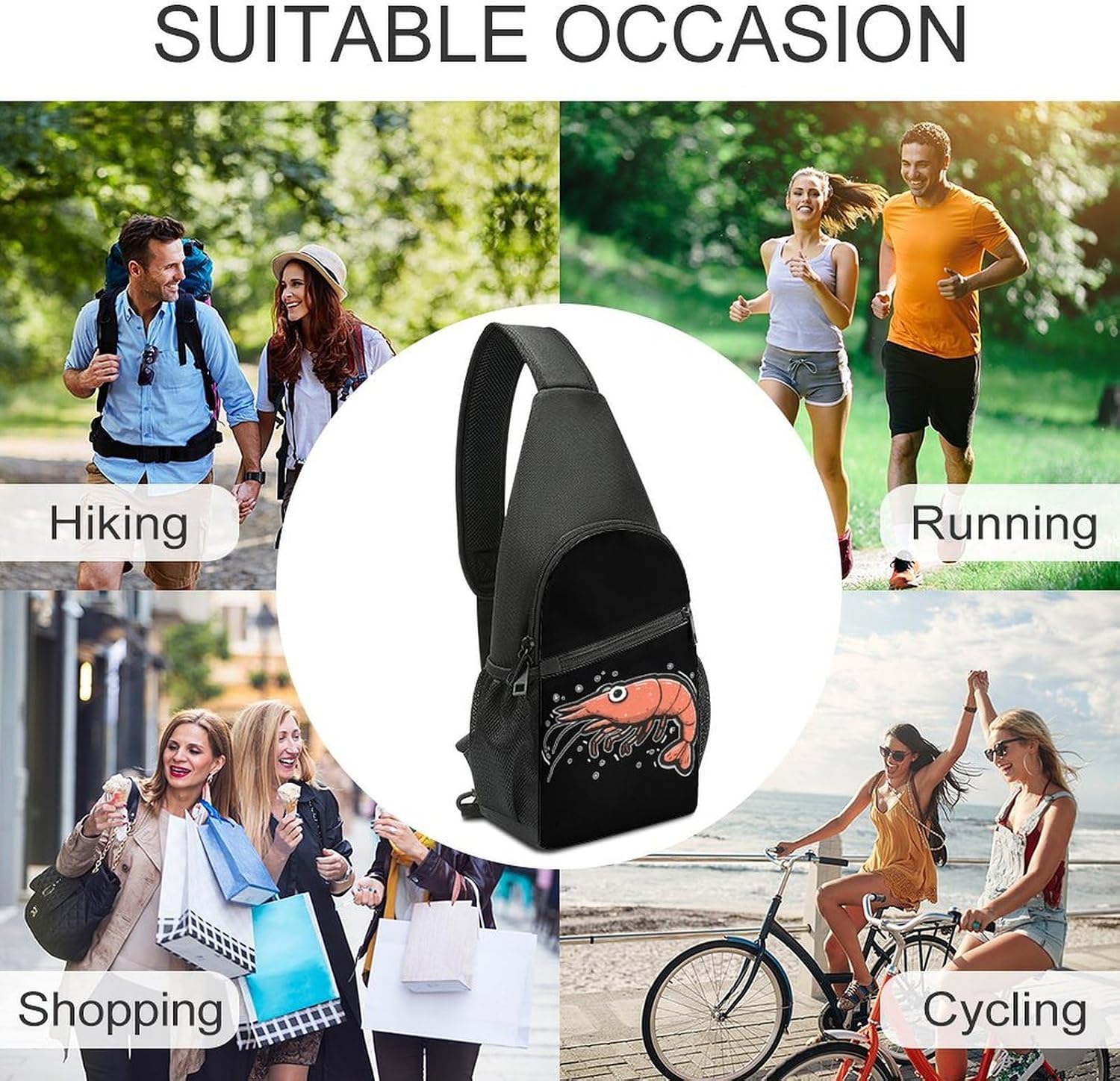 Cartoon Shrimp Crossbody Sling Backpack Chest Bag Daypack | unisex,trendy,with convertible and detachable shoulder strap,side pockets