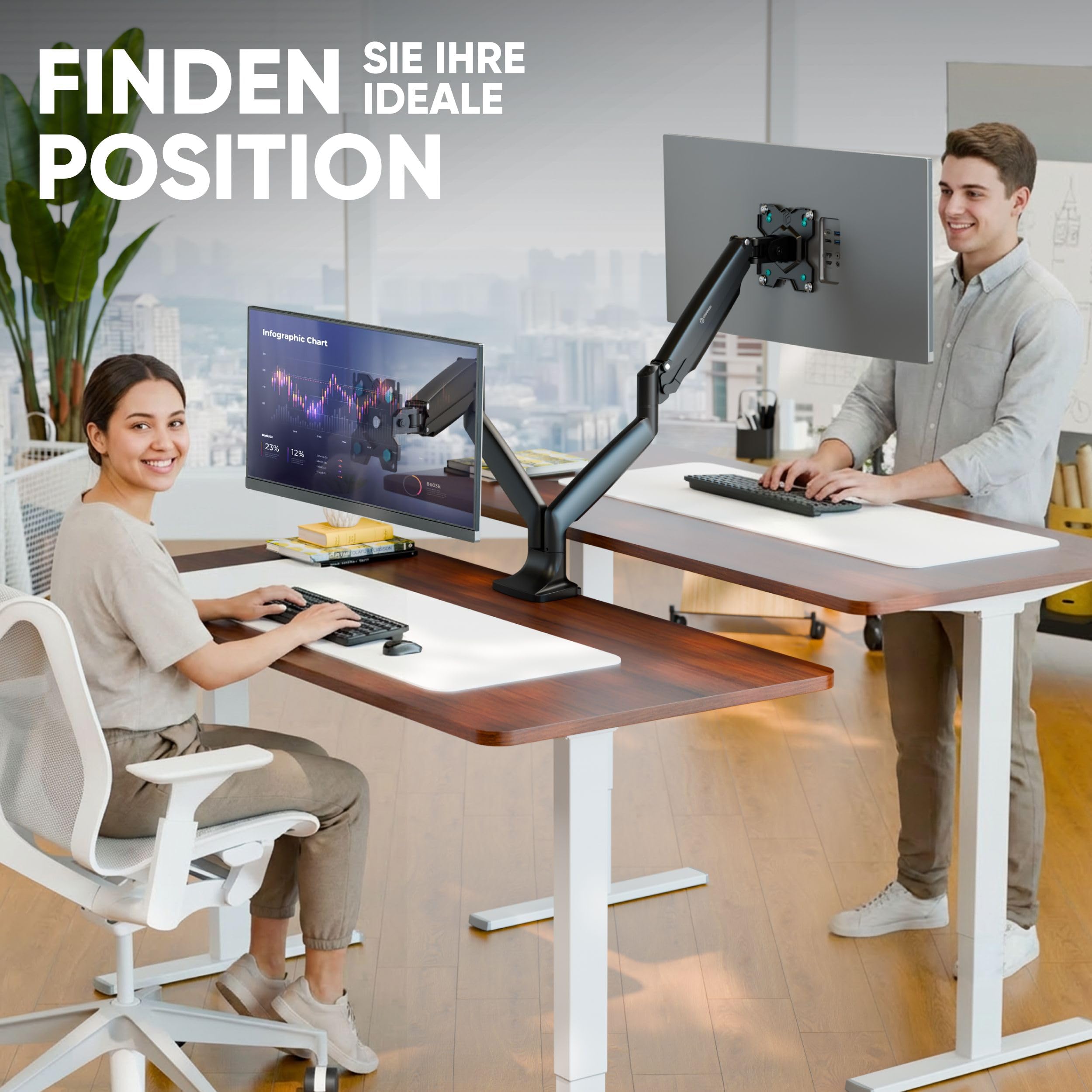 ONKRON dual Monitor Halterung 13-32", 9 kg (x2), max VESA 100x100, G200-B | Doppel Monitorarm bis 61,5 cm ausziehbar, Gasdruckfeder, schwenkbar, drehbar, Klemm-/Bohrmontage; für Homeoffice & Gaming