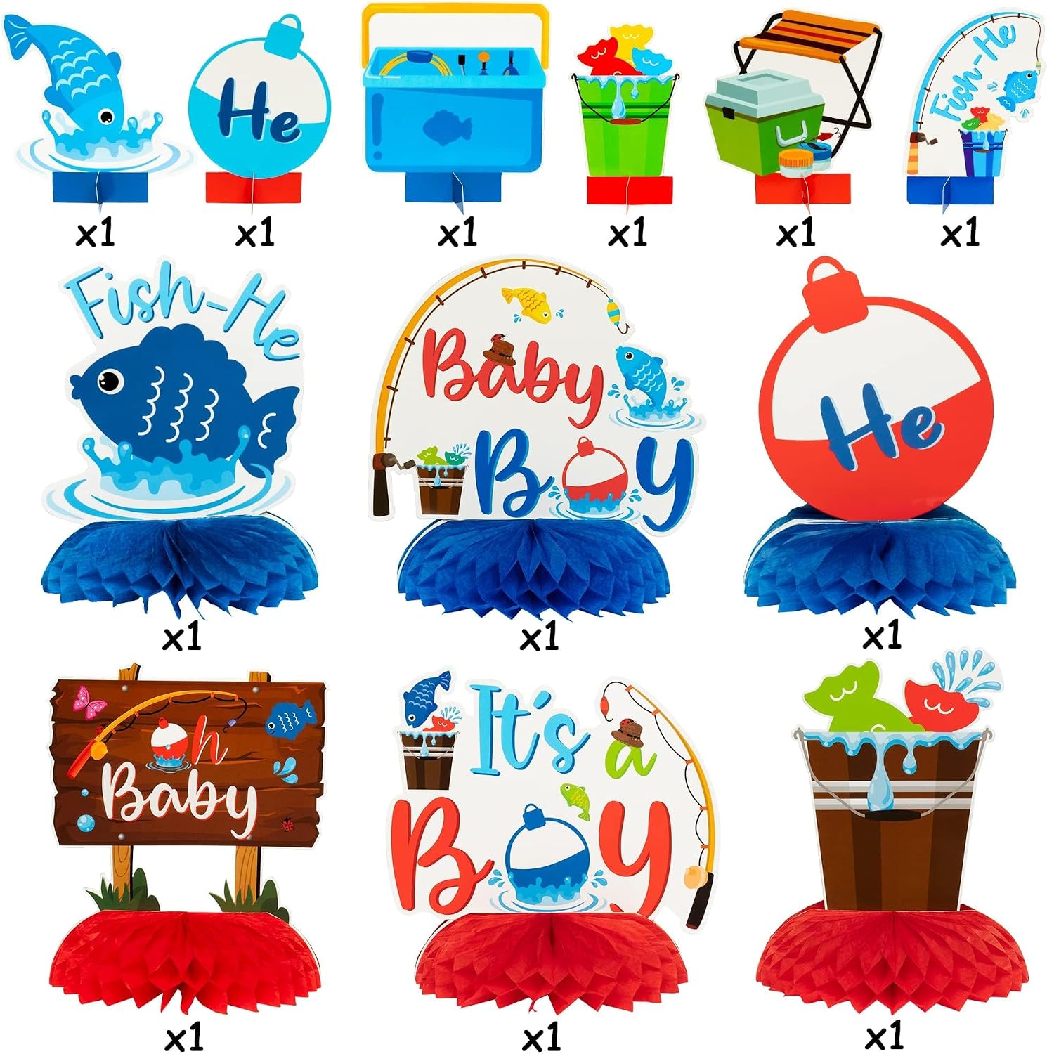ANGOLIO 12Pcs Gone Fishing Baby Shower Party Centerpieces Gender Reveal Table Topper Honeycomb Party Decorations Summer 3D Fishing Table Decor for Summer Baby Boy Birthday Party Supplies Photo Props