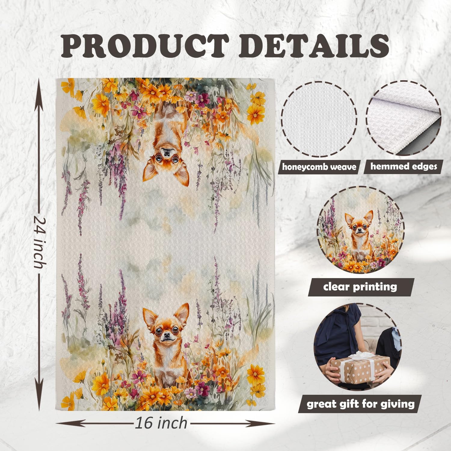 Chicimln Wildflower Chihuahua Dog Kitchen Towels, Chihuahua Gifts for Women Men Decorative Hand Towels for Bathroom, Dog Lover Gifts Dish Tea Towel Drying Cloth for Kitchen Decor, 16x24 Inch - Image 2