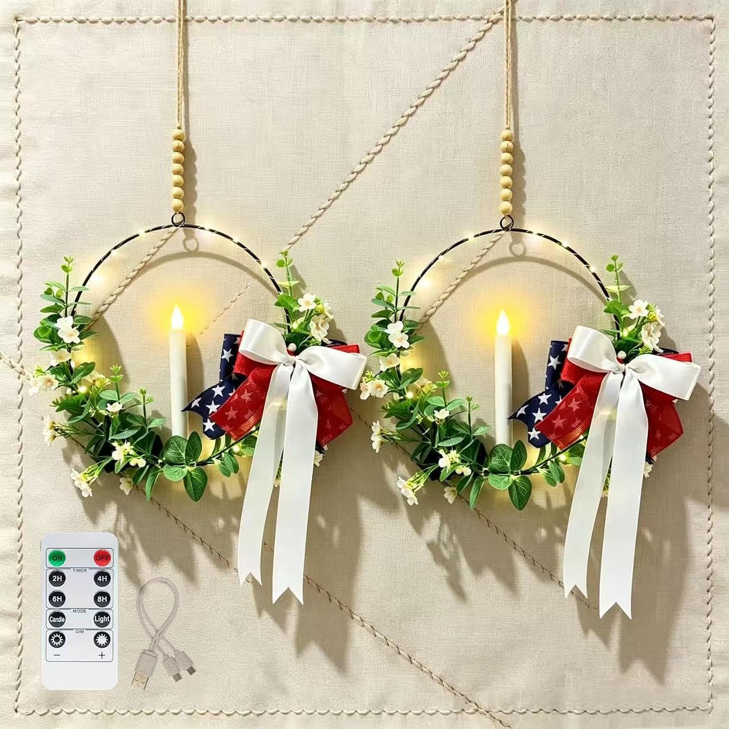 Flameless Candle Wreath with Remote Timer,Patriotic Bow Artificial Eucalyptus Flower Hanging Wreath, USB Rechargeable LED Candle Door Window Wall Decor for 4th of July Festival Decoration