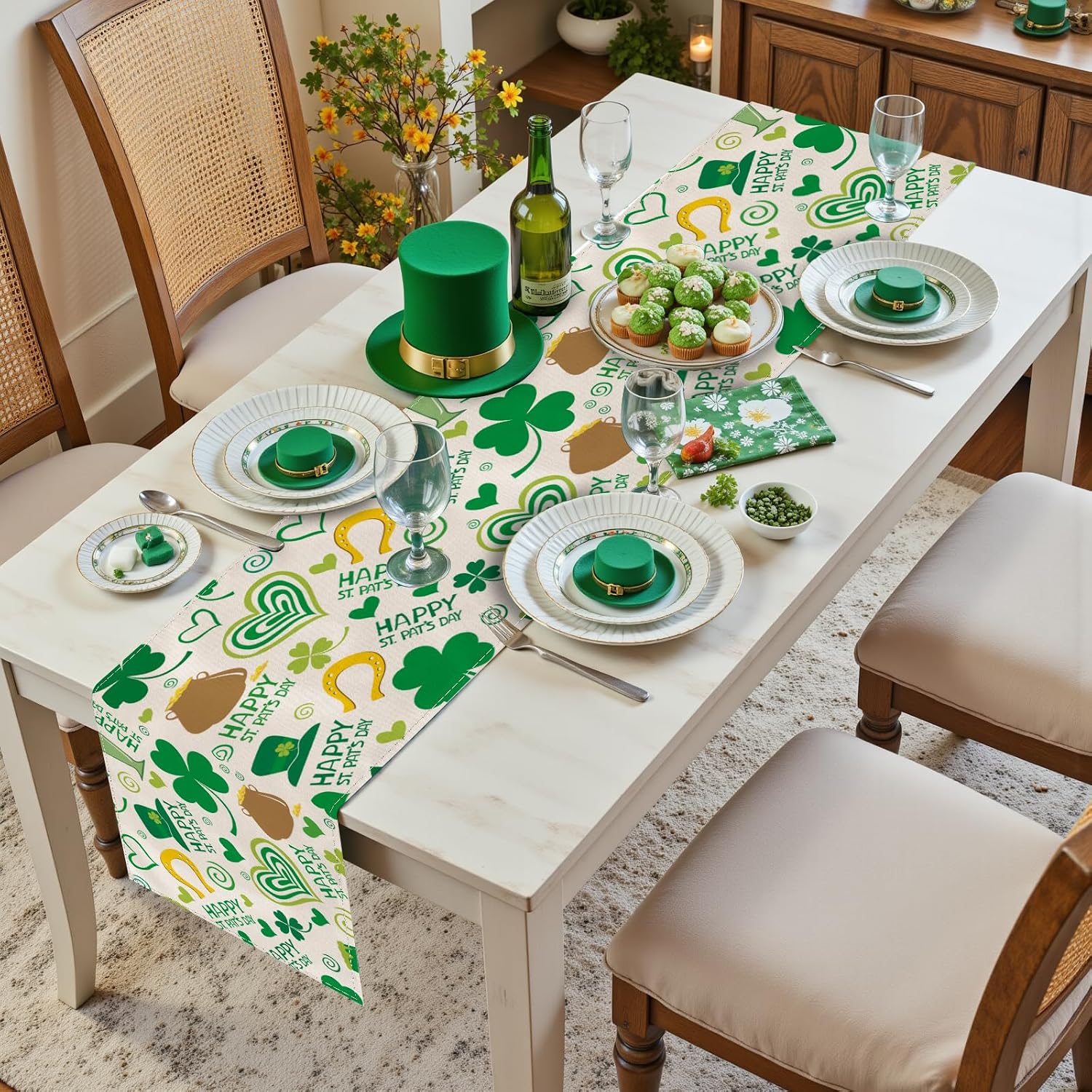 Larponder St Patrick's Day Table Runner, Clovers Horseshoes Pattern Table Cover, Fabric with Wrinkle Resistant, Irish Spring Celebration Table Decor for Indoor Outdoor Home Party Decor ( 13" x 72" ) image 3