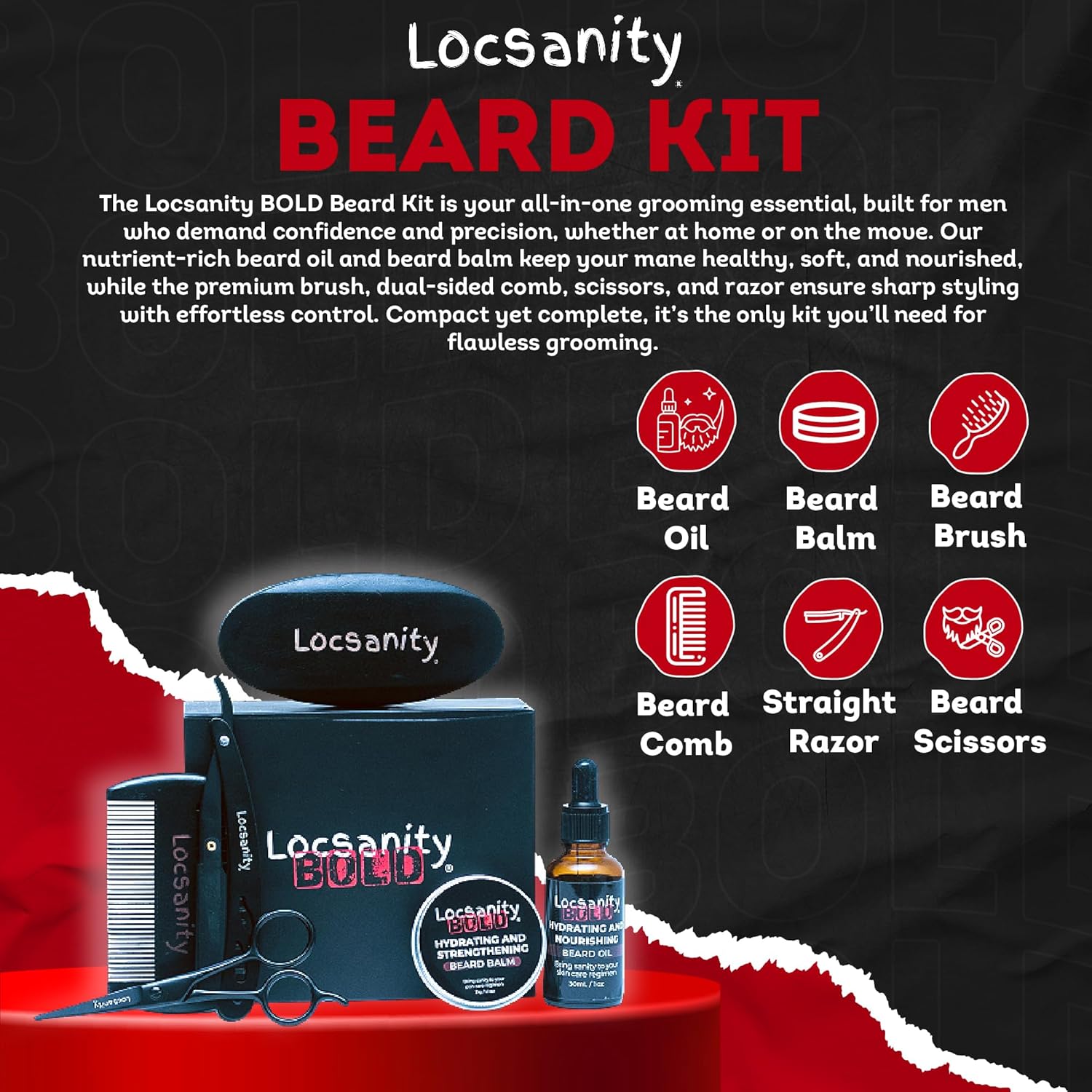 Locsanity BOLD Beard Kit, Beard Growth Kit, Beard Grooming Kit, Growth Oil, Balm Conditioner, Brush, Comb, Mustache Scissor, Storage Bag, Beard Care & Trimming Trimmer Kit Gifts for Men Him