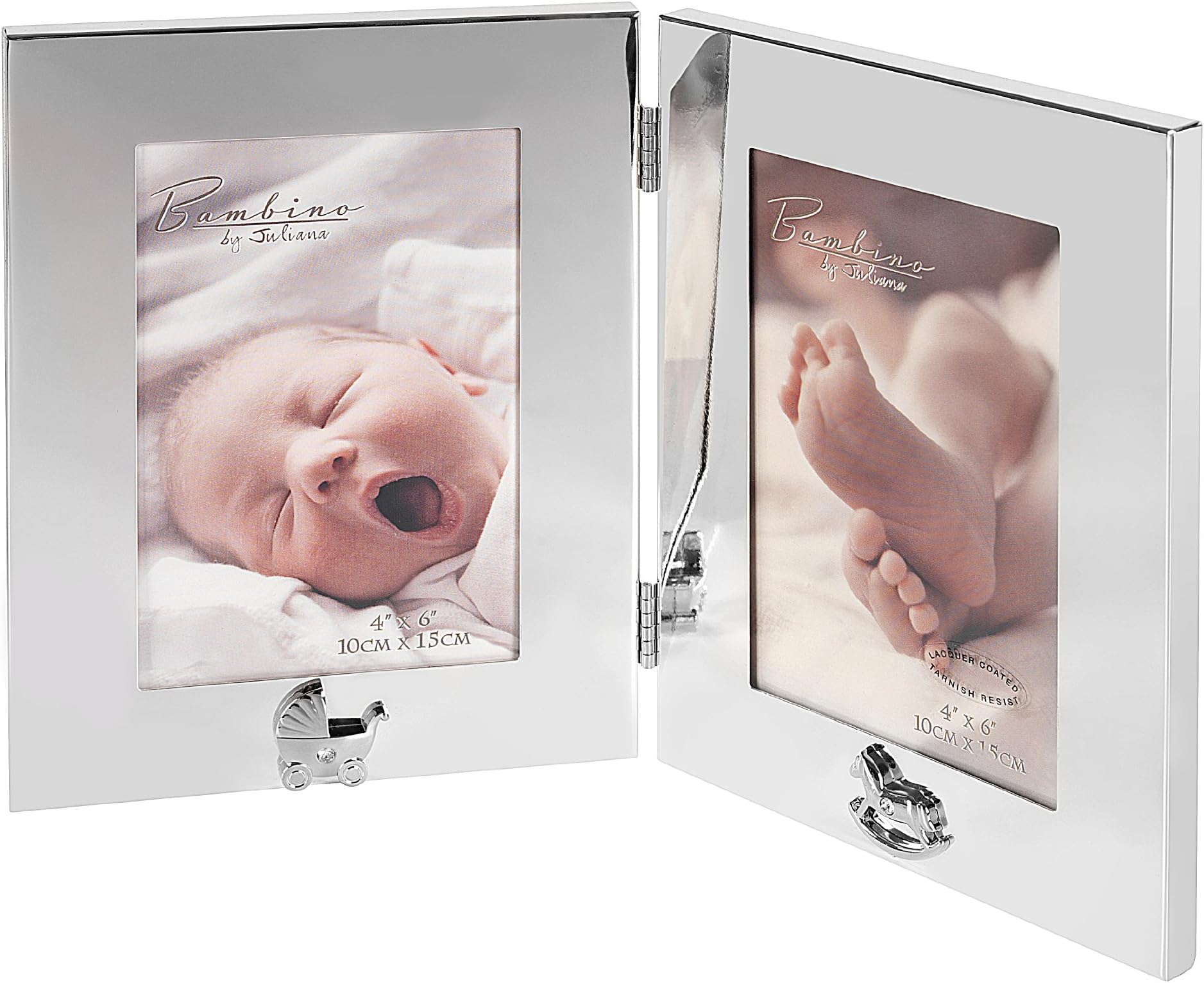 Double, Hinged Silver-plate Baby Photo Frame. Perfect to celebrate the birth of twins or a Christening