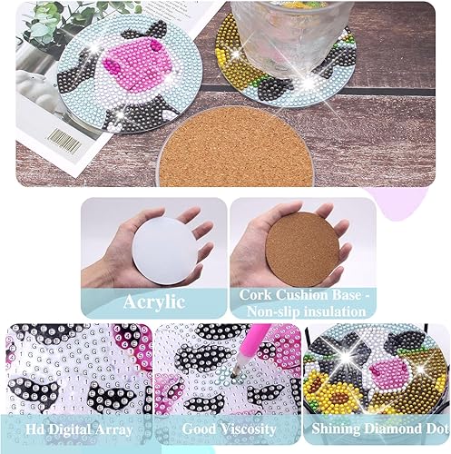 Miniatura 4 de KJMYYXGS Juego de posavasos de pintura de diamante de vaca de granja, posavasos de bricolaje con base de corcho