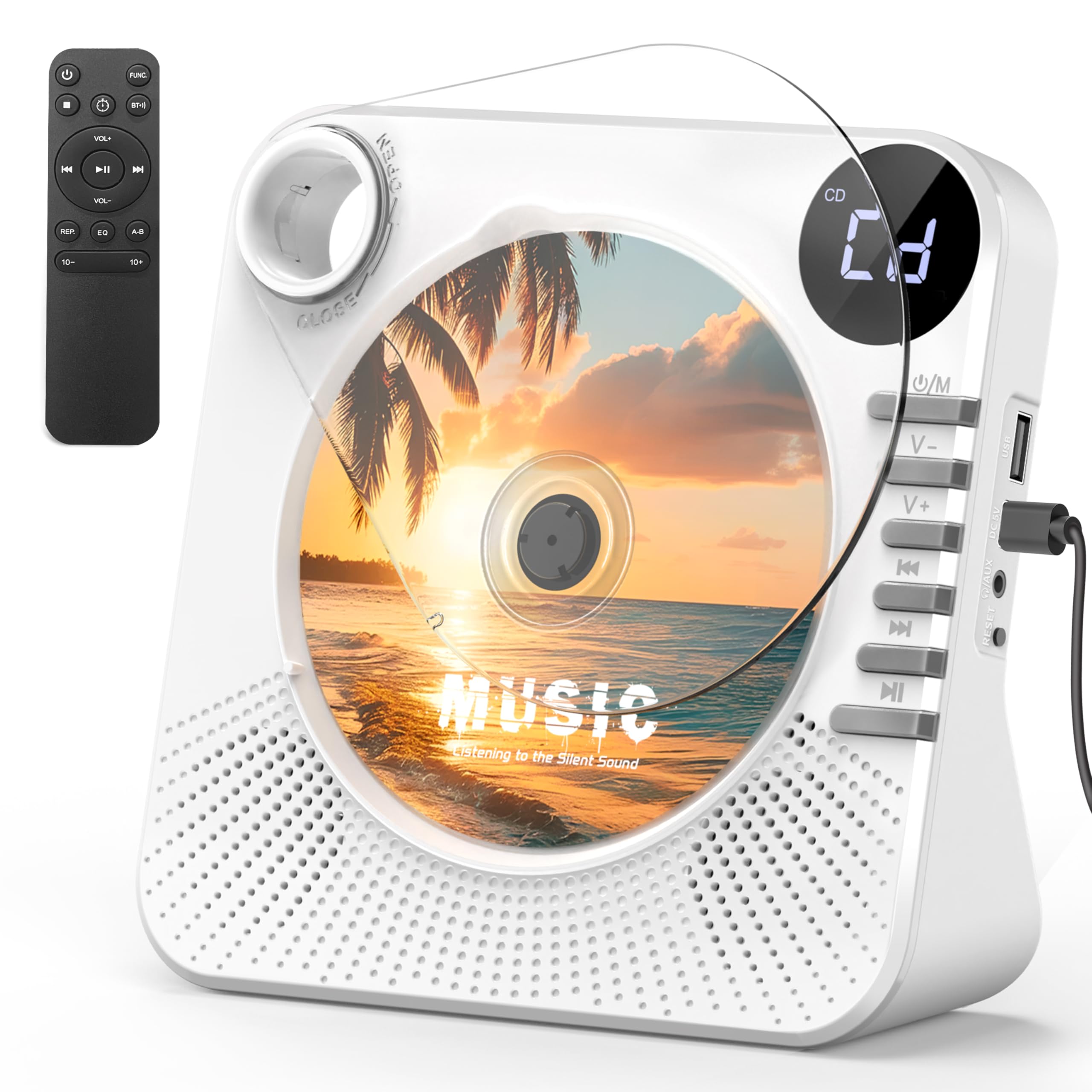 CD Player Bluetooth with HiFi Dual Speaker,Desktop CD Player for Home with Remote Control,Dust Cover,LCD Display,Sleep Timer,EQ Sound,USB/AUX,Kids,Gift,White-image-44