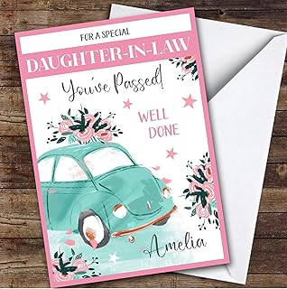 Personalized Passed Driving Test Card For Daughter-In-Law Car Flowers Pink | Custom Greetings Card For Passed Driving Test Any Text