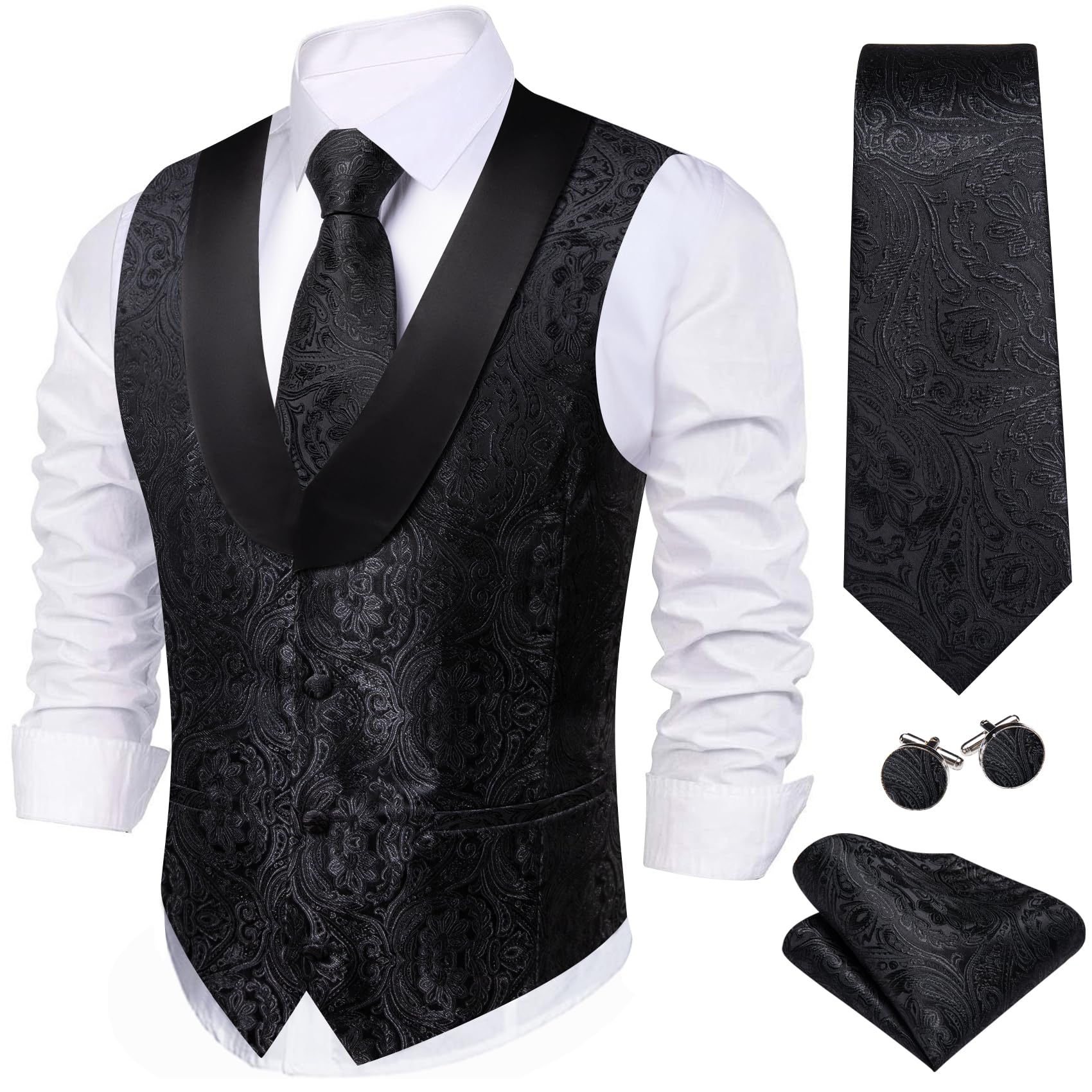 Barry.Wang Set da uomo con gilet e cravatta, in seta jacquard, con fiore, scialle, colletto, gilet, smoking, 6 pezzi, festa di nozze